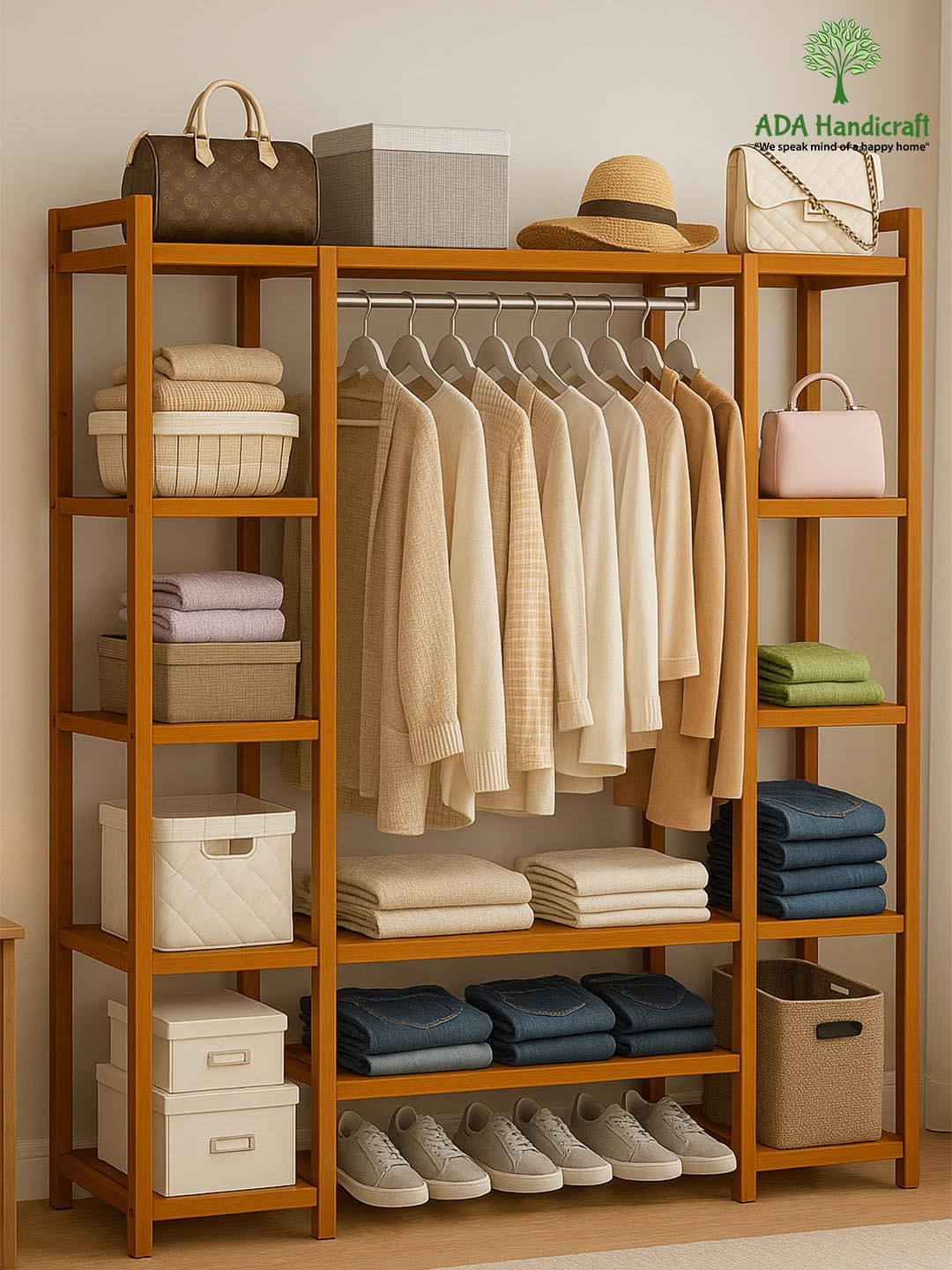 ADA Handicraft Beige Textured 10 Tier Bamboo Rectangle Cloth Rack