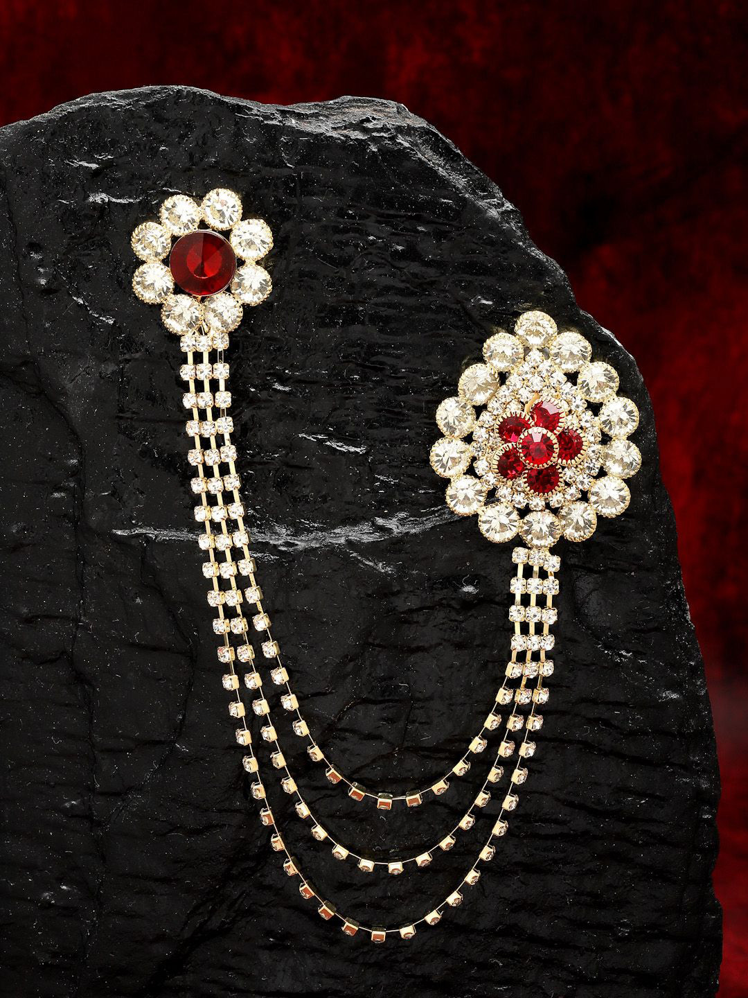 Sanjog Unisex Gold-Toned & Maroon &White Embellished American Diamond Layered Brooch Lapel Pin