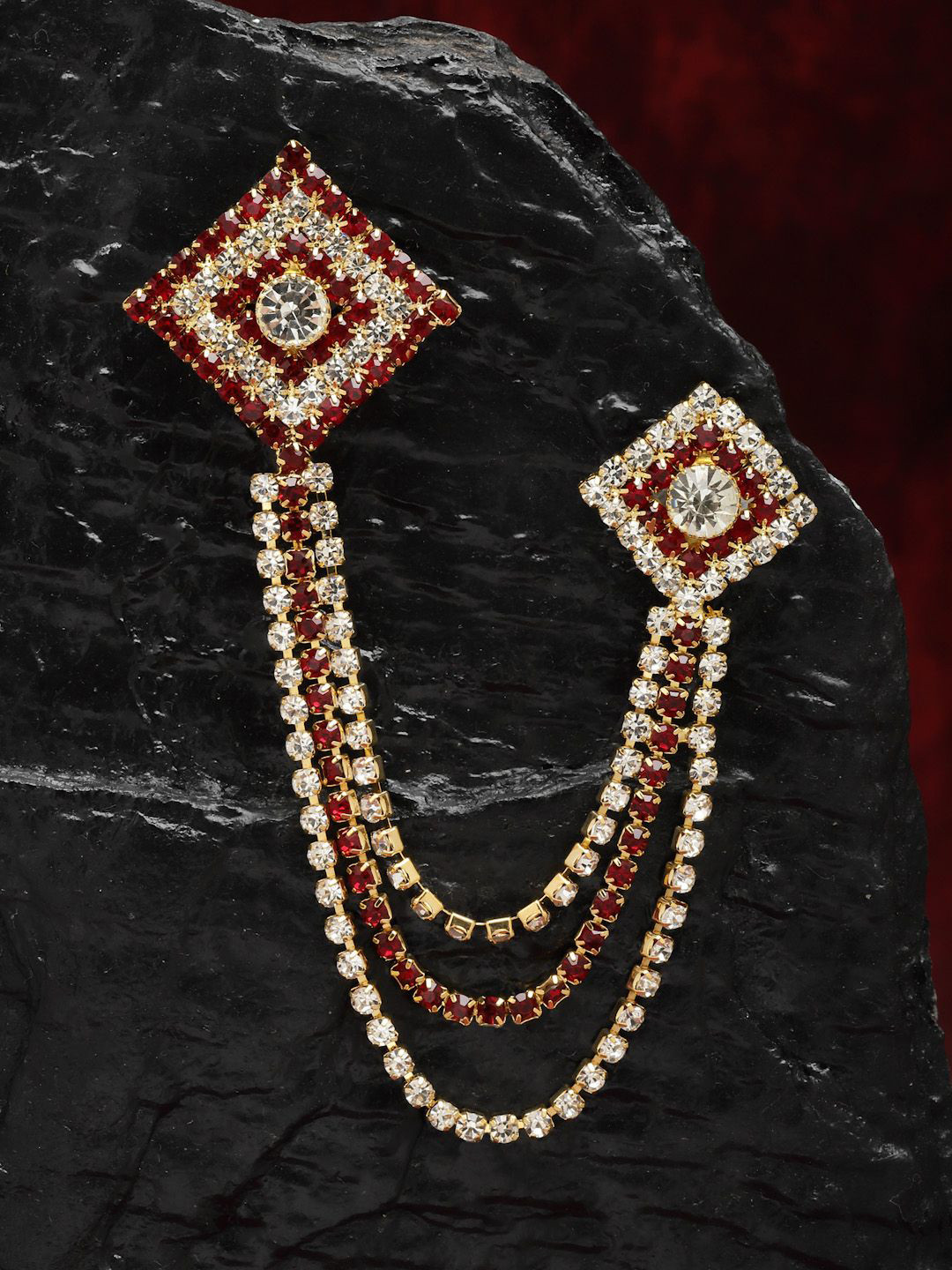 Sanjog Men Stone-Studded Statement American Diamond Brooch Chain Lapel Pin