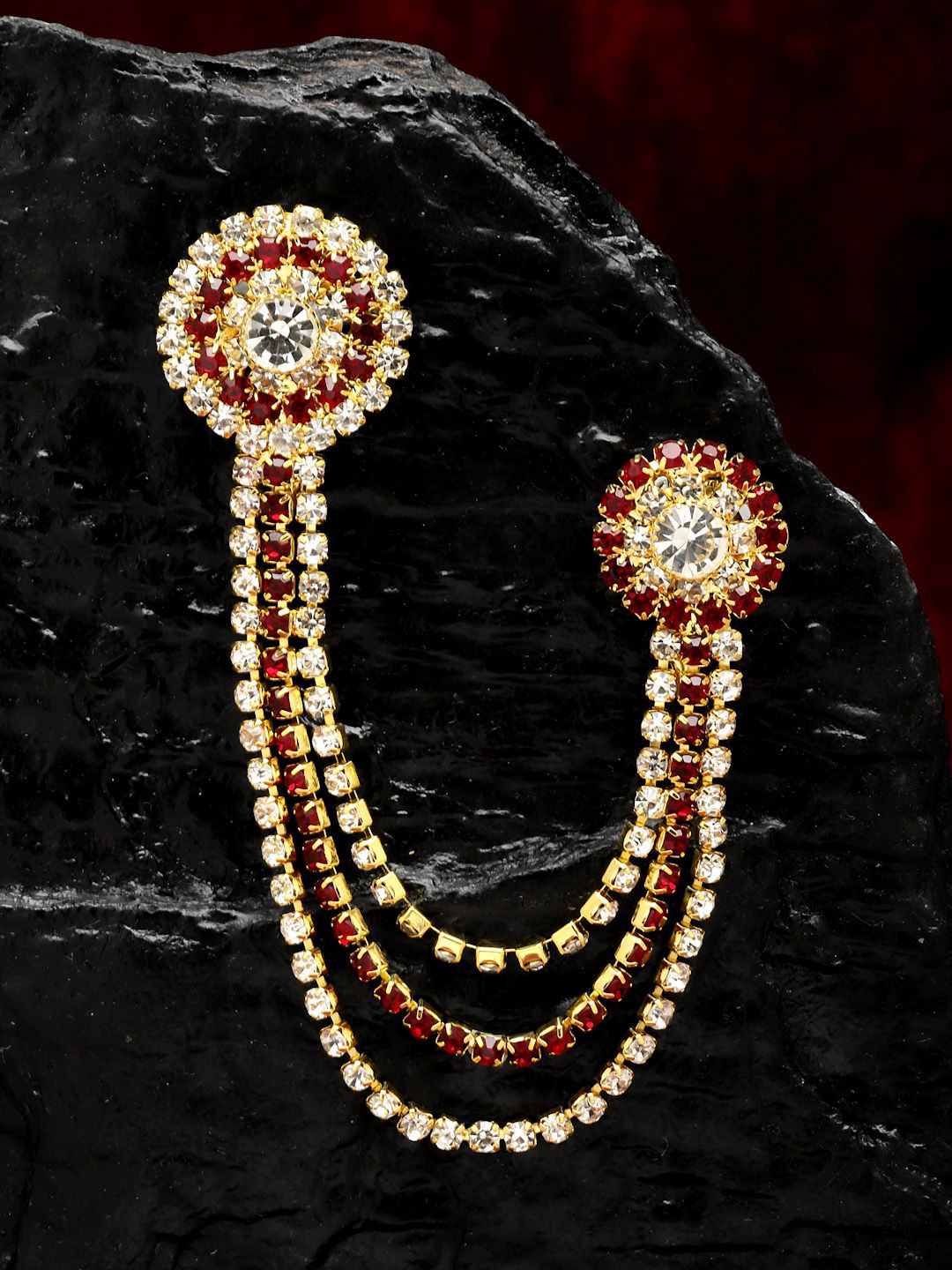 Sanjog Unisex Gold-Toned & Maroon &White Embellished American Diamond Brooch Lapel Pin