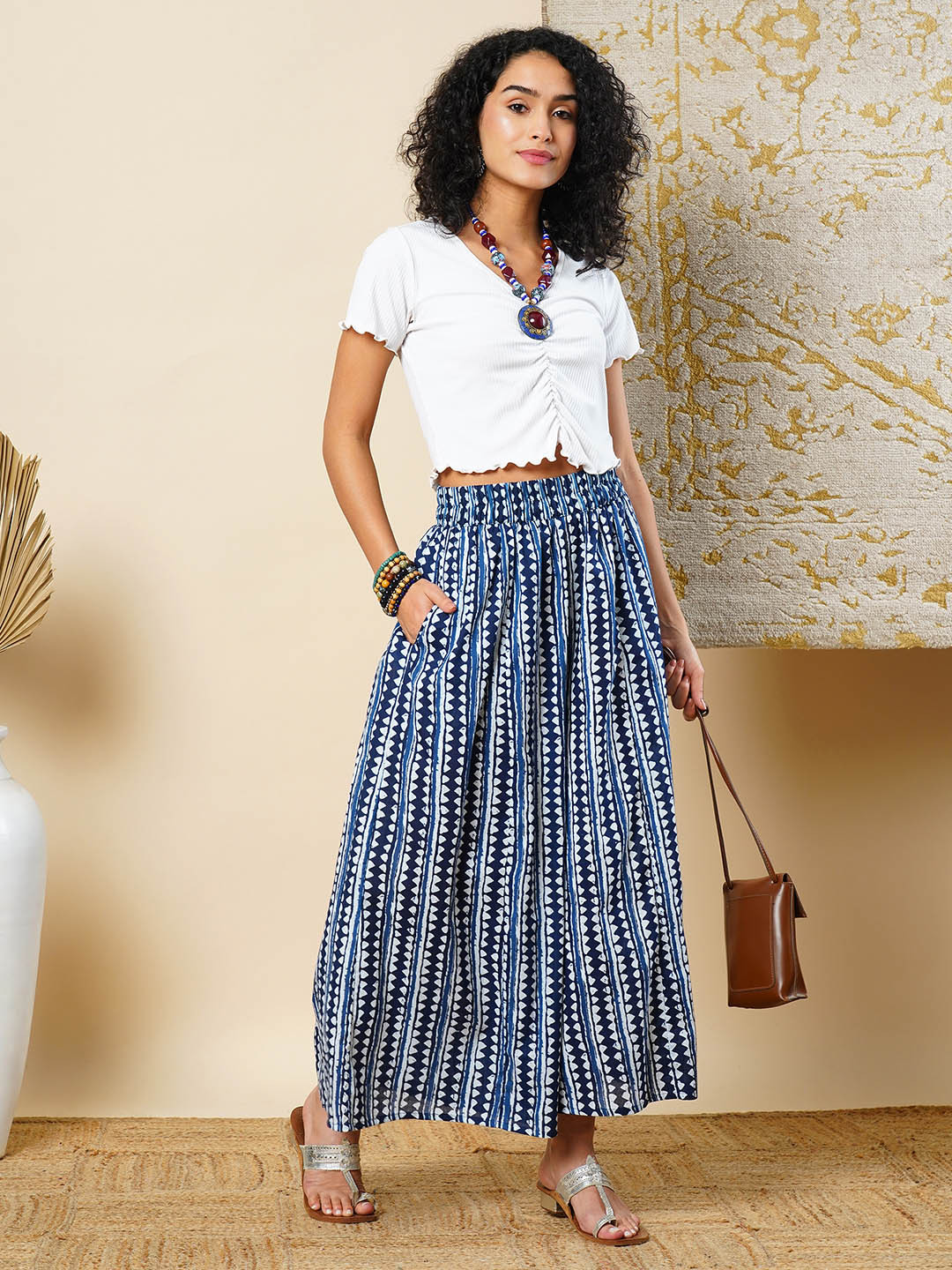 Globus Geometric Border Printed Elasticated Waistband Flared Fusion Palazzos