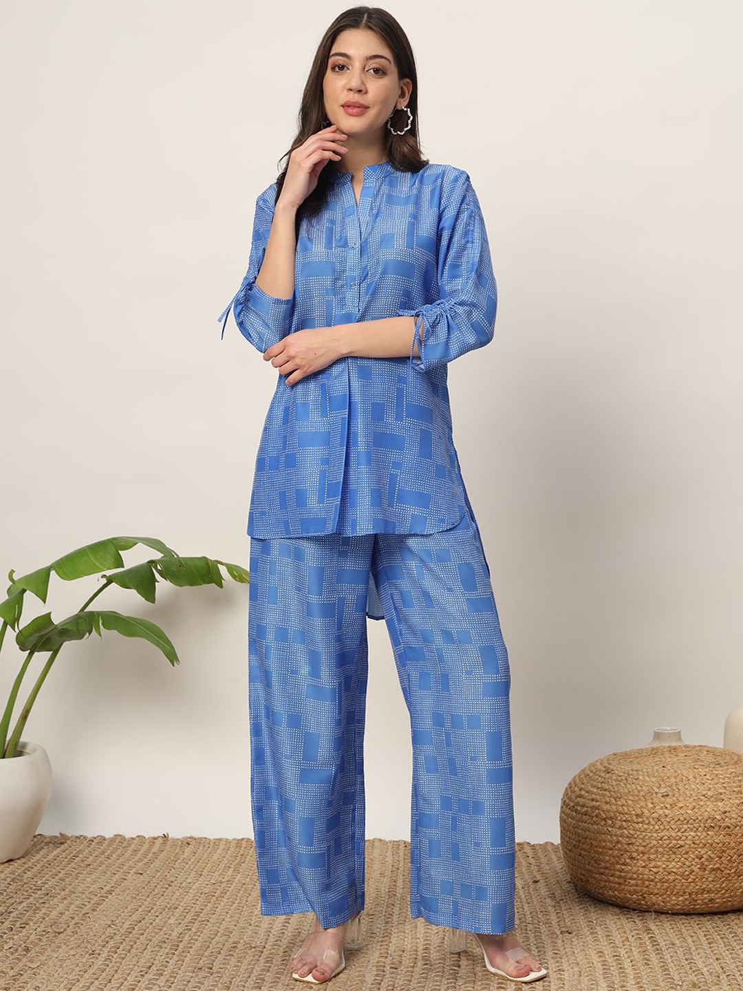 FIORRA Geometric Printed Mandarin Collar Three Quarter Sleeves Casual Shirt With Trousers - Co Ords for Women 30030500 | Myntra