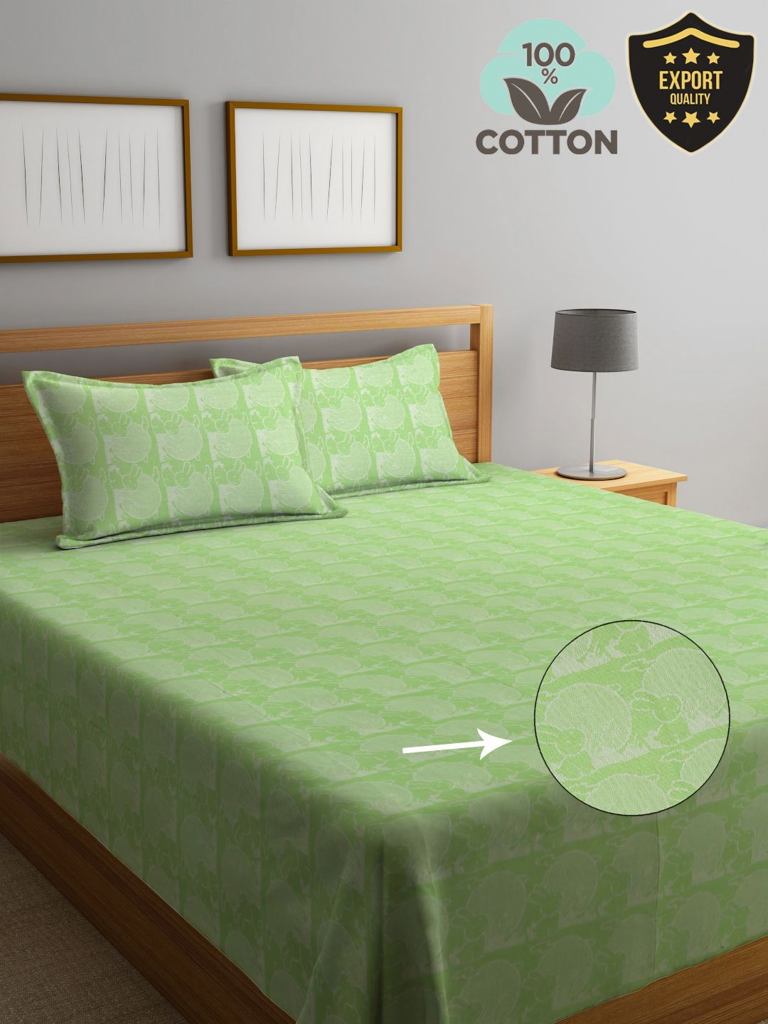 KLOTTHE Green Cartoon Character Printed 400TC Pure Cotton King Bed Cover & 2 Pillow Covers