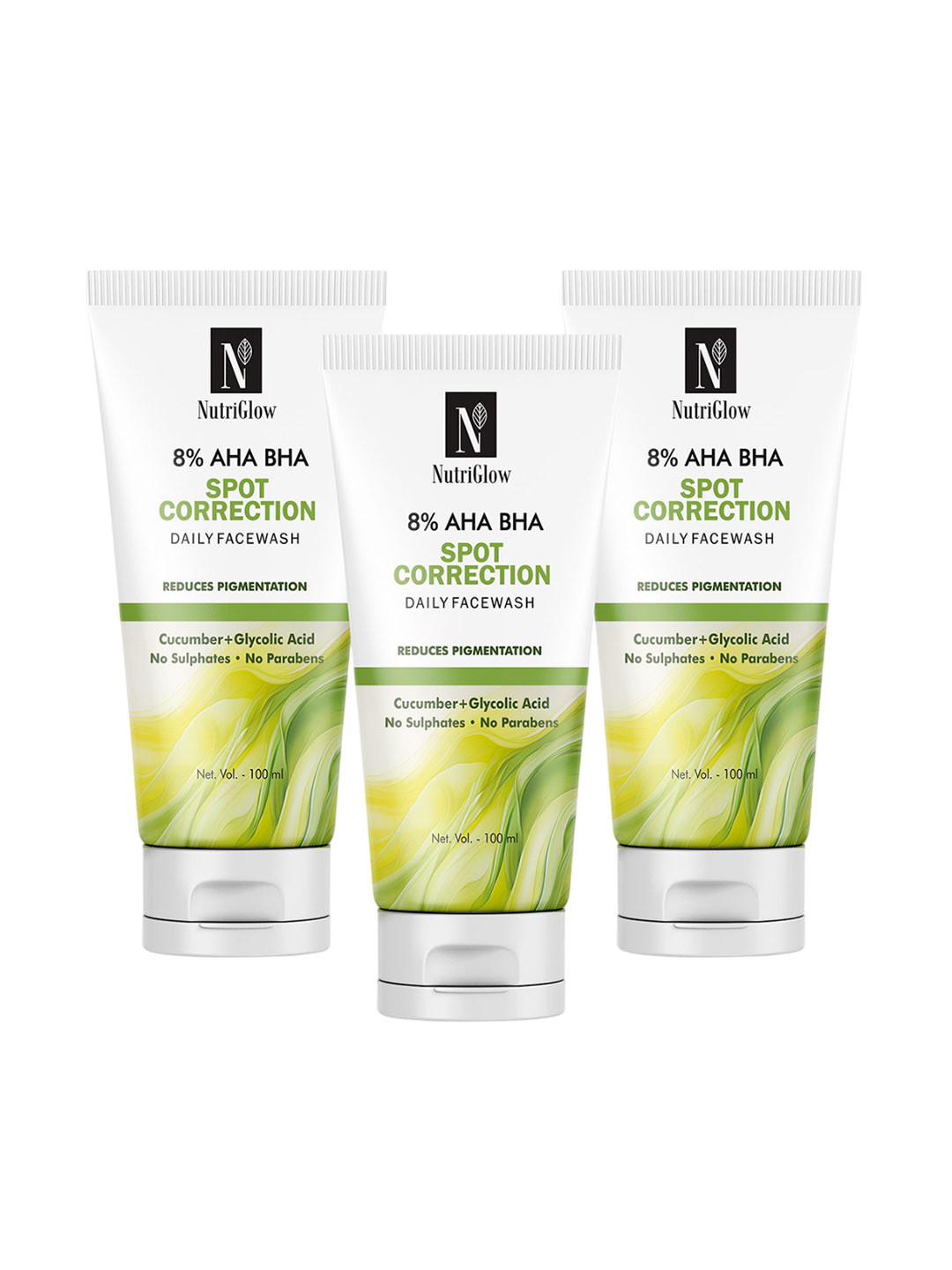 NutriGlow Set of 3 8% AHA BHA Spot Correction Daily Face Wash with Cucumber - 100 ml each