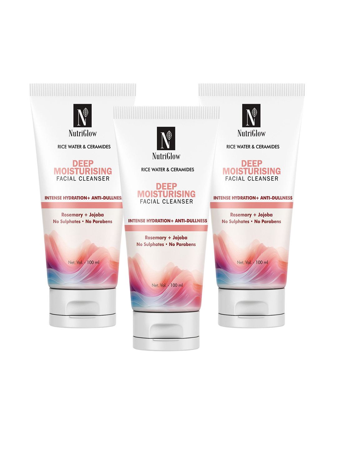 NutriGlow Set of 3 Rice Water & Ceramides Deep Moisturising Facial Cleanser - 100 ml each