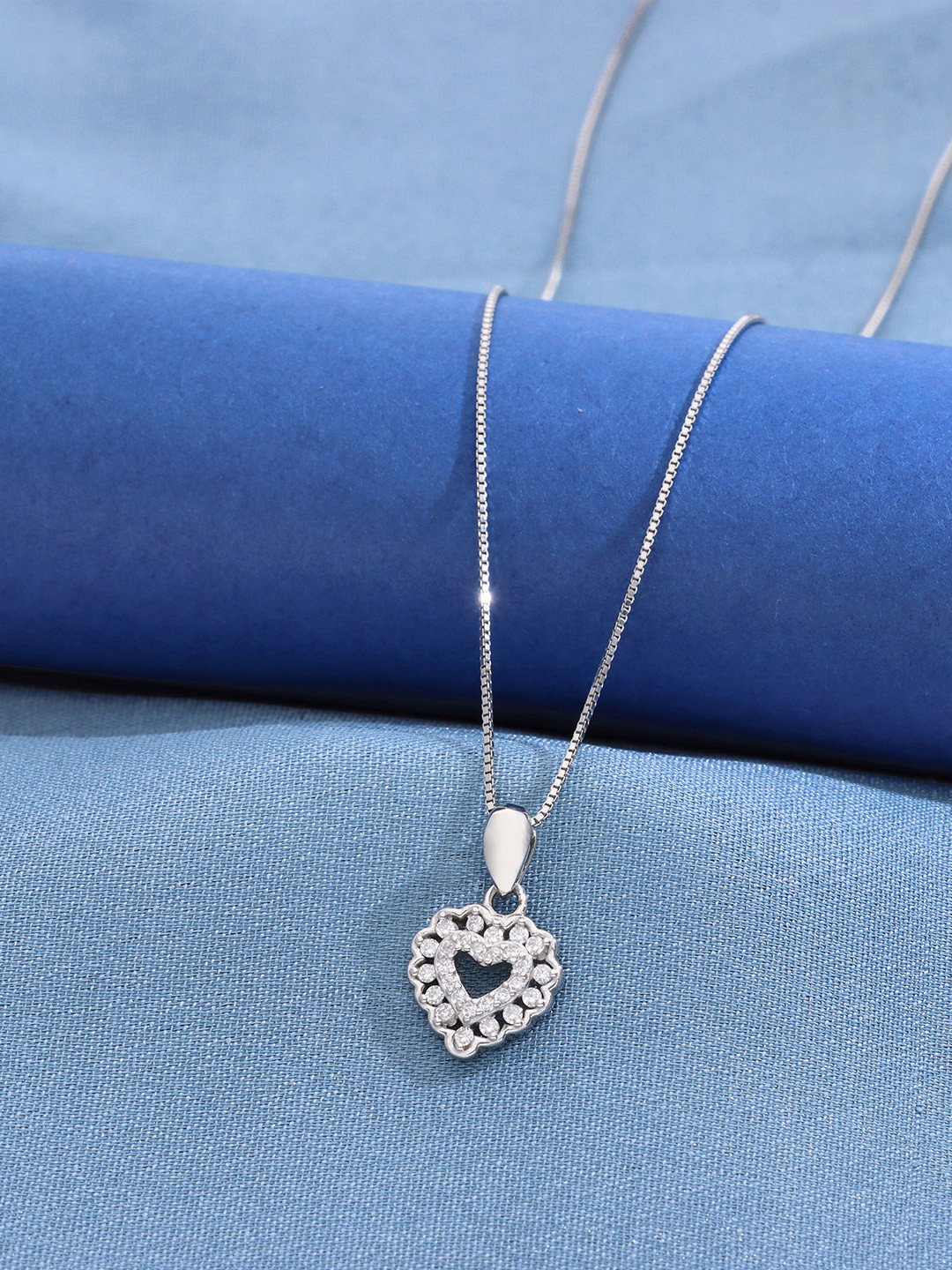 KAI JEWEL 92.5 Sterling Silver Rhodium-Plated Cubic Zirconia Caressed Heart Pendant Chain