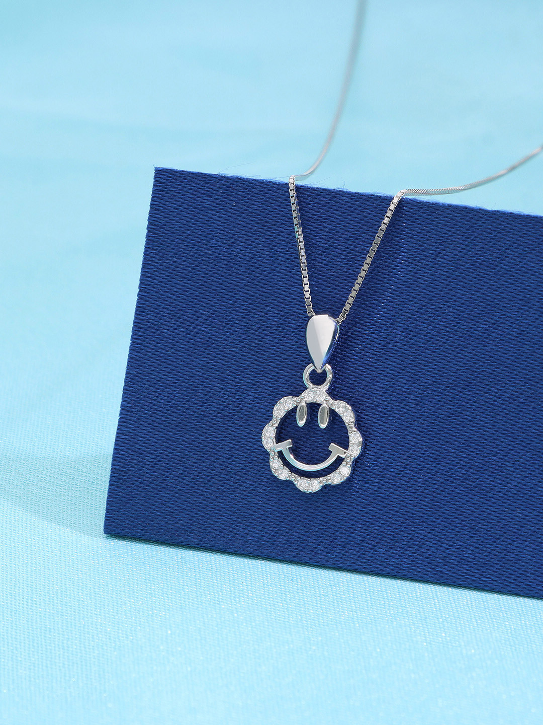 KAI JEWEL 92.5 Sterling Silver Rhodium-Plated Cubic Zirconia Smile Face Pendant with Chain