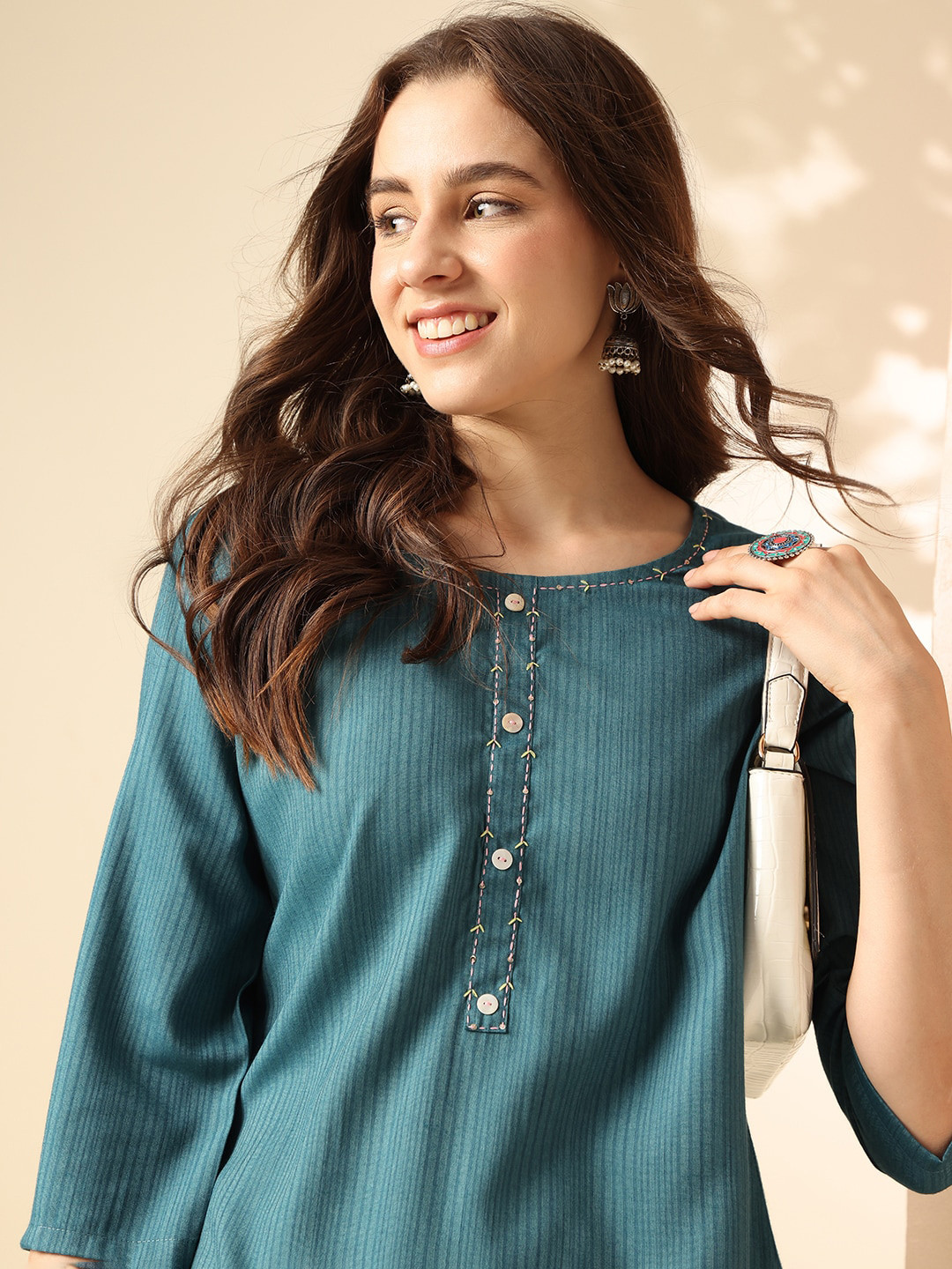 Anouk Teal Green Thread Work Round Neck Straight Kurta