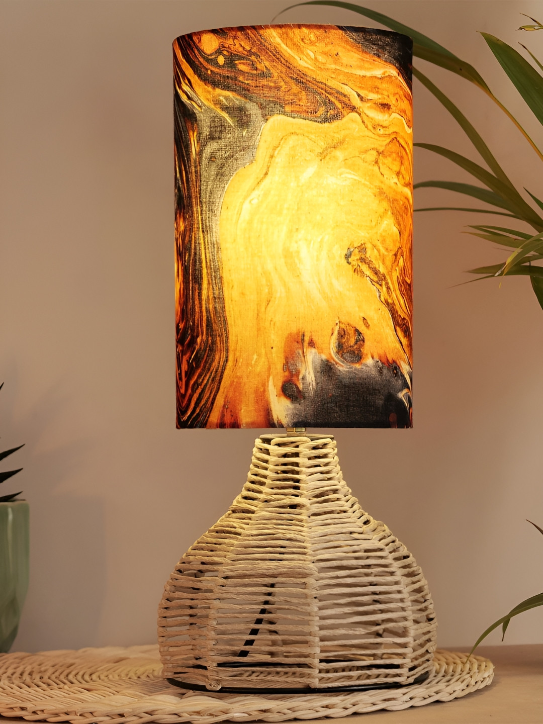 Decazone Yellow & Beige Printed Cotton Cylindrical Shaped Table Lamp