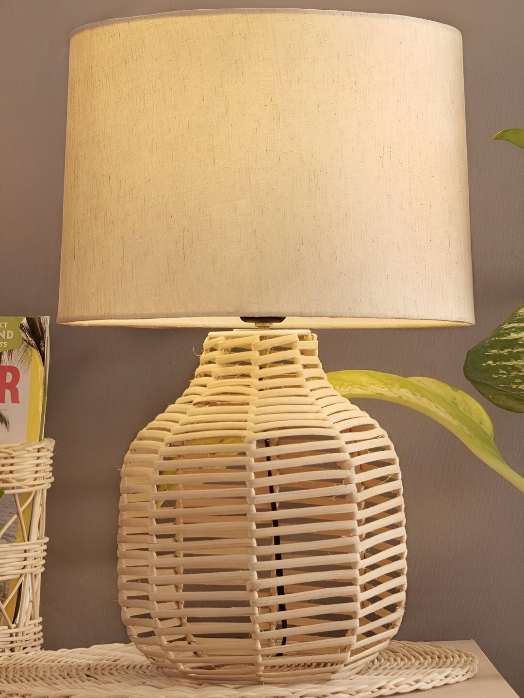 Decazone Cream-Coloured & Beige Cotton Cylindrical Shaped Table Lamp