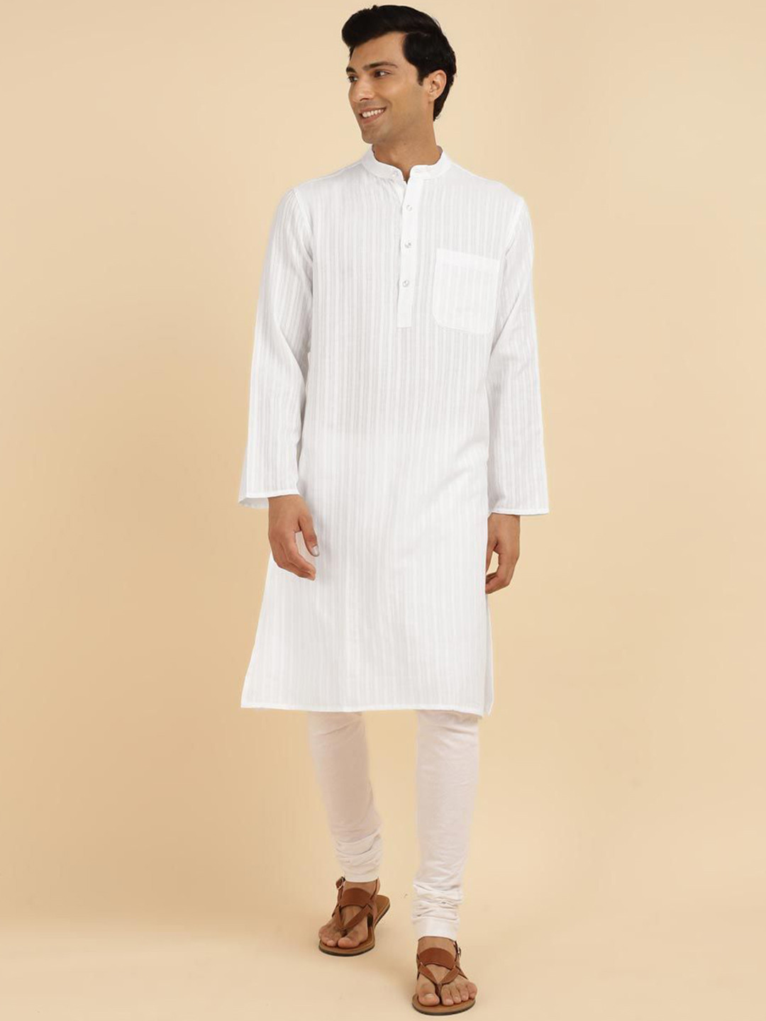Fabindia Striped Woven Design Mandarin Collar Cotton Straight Republic Day Republic Day Kurta