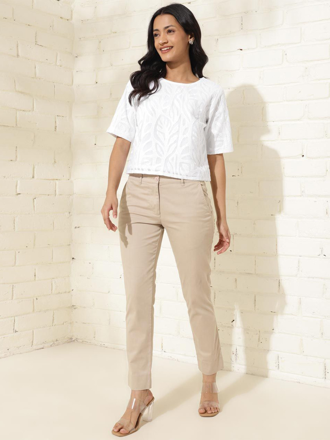 Fabindia Self Design Tropical Round Neck Crop Top