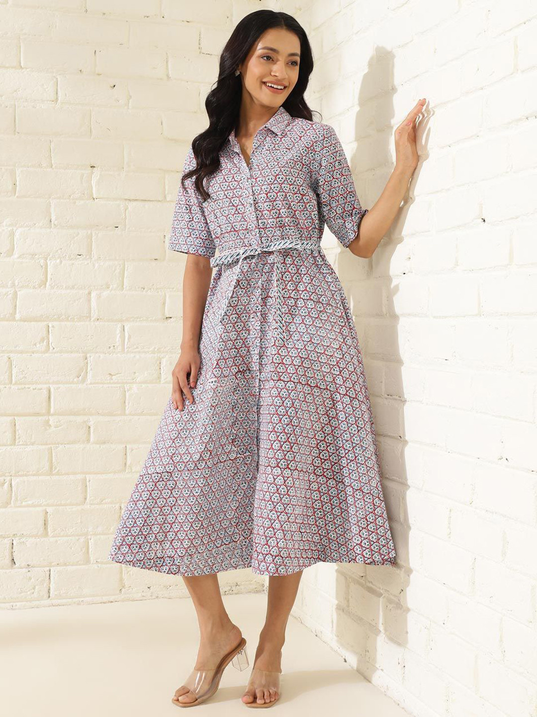 Fabindia Cotton Block Printed Shirt Midi Dress