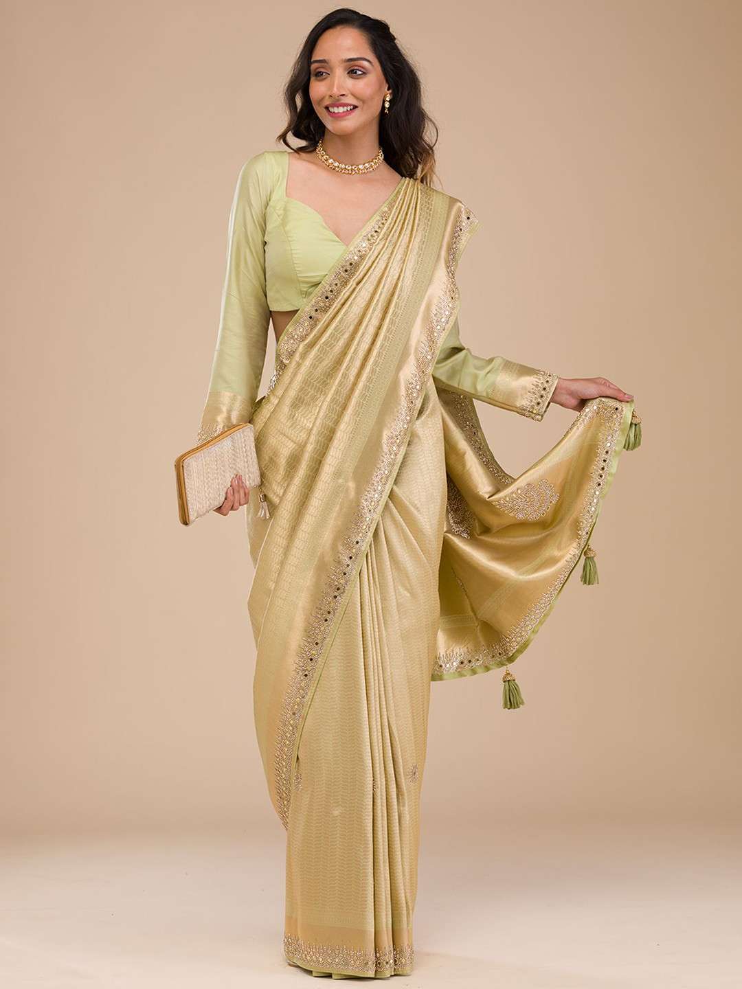 Koskii Woven Design Mirror Work Saree