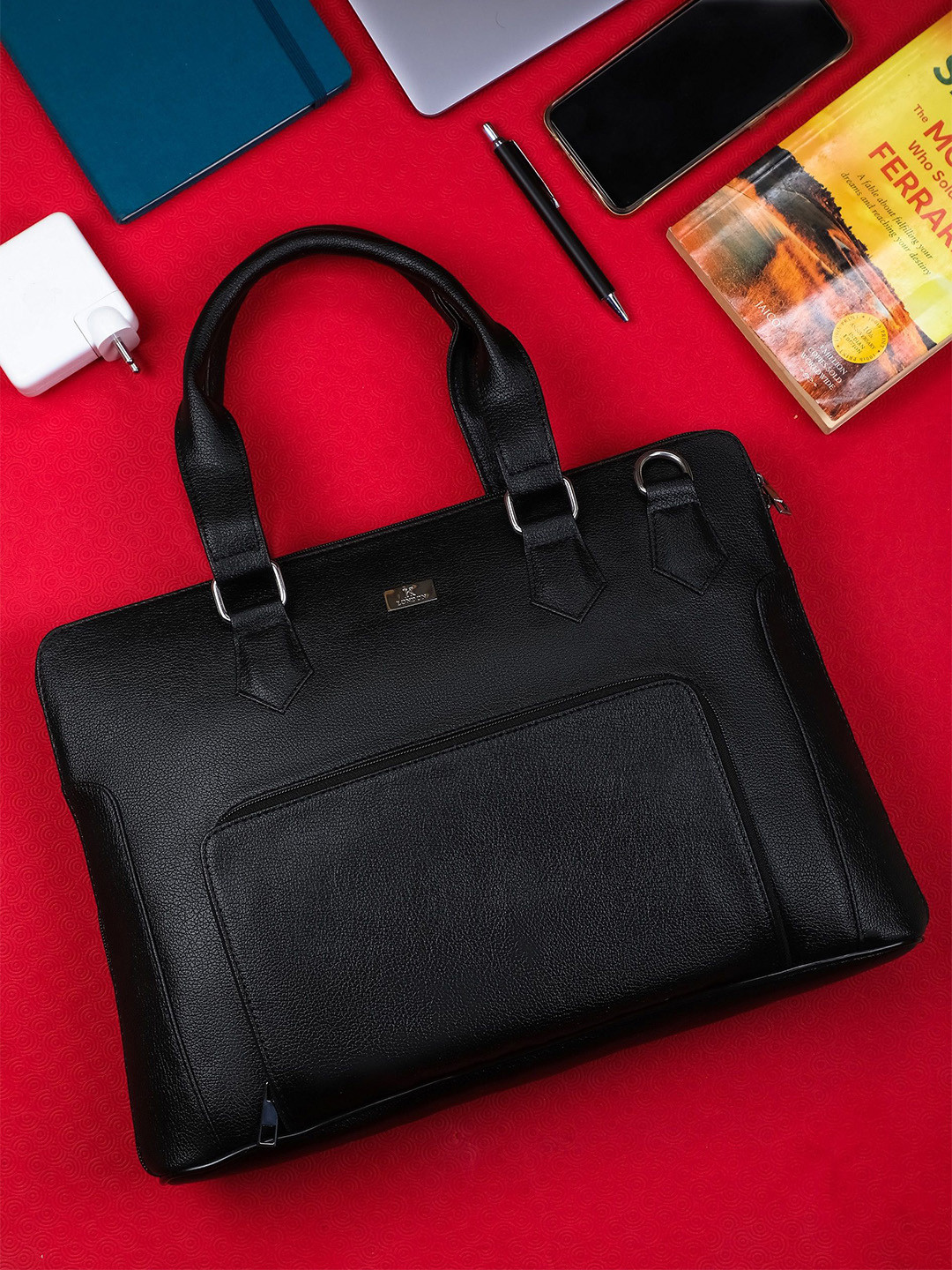 K London 15 Inch Slim Black Vegan Leather Expandable Women Laptop Textured Messenger Bag