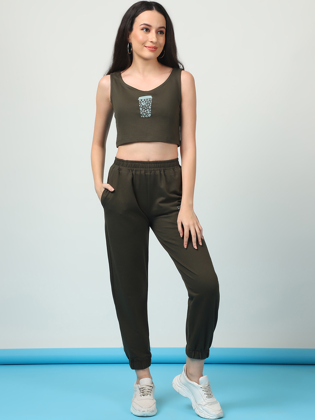 Rigo Printed Sleeveless Pure Cotton Casual Crop Top With Joggers