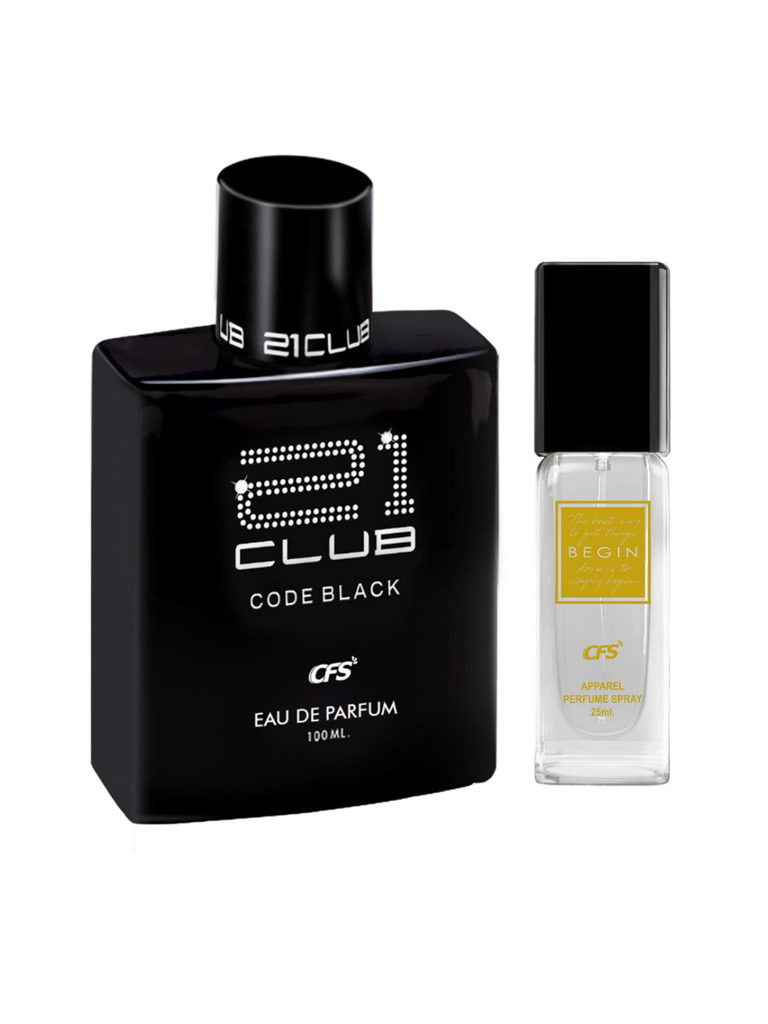 CFS Set of 21 Club Code Black Eau De Parfum 100ml & Begin Gold Apparel Perfume Spray 25ml