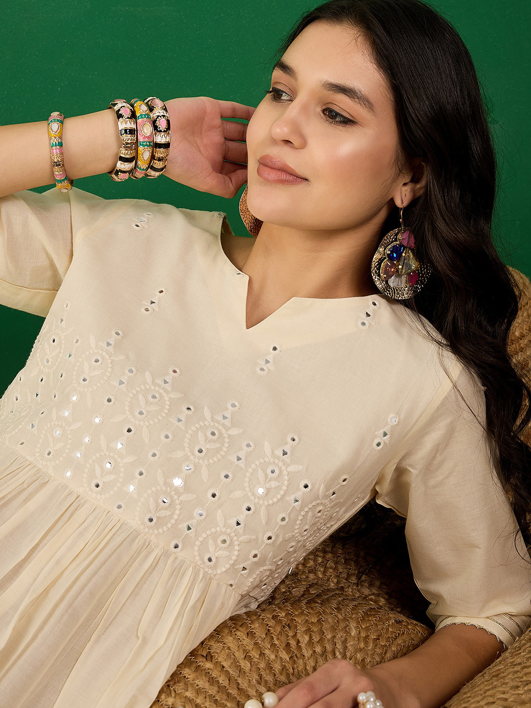 Sangria Off White Floral Embroidered Mirror Work Pure Cotton Anarkali Kurta Set