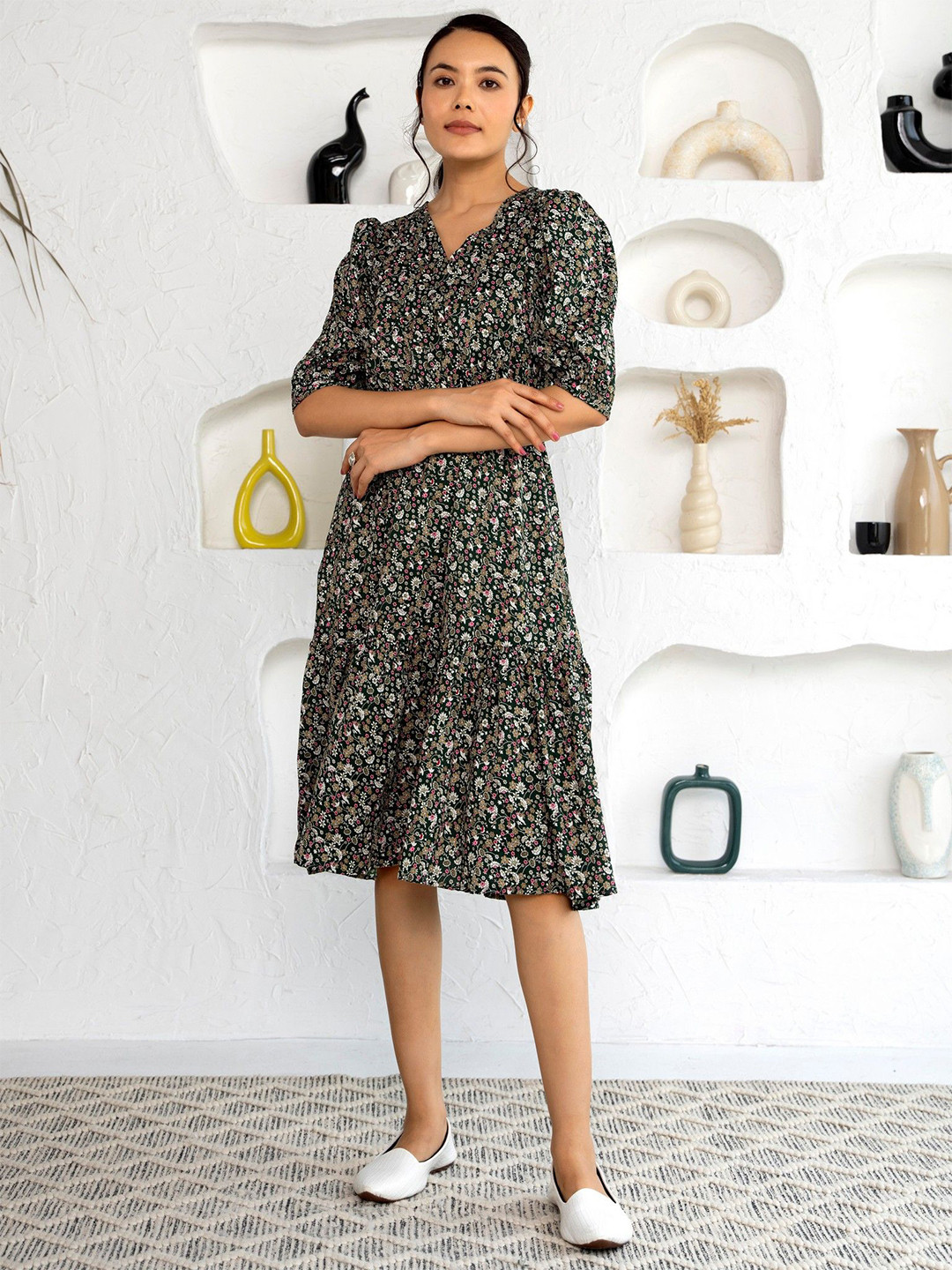 AASK Flower Print Puff Sleeve Fit & Flare Dress