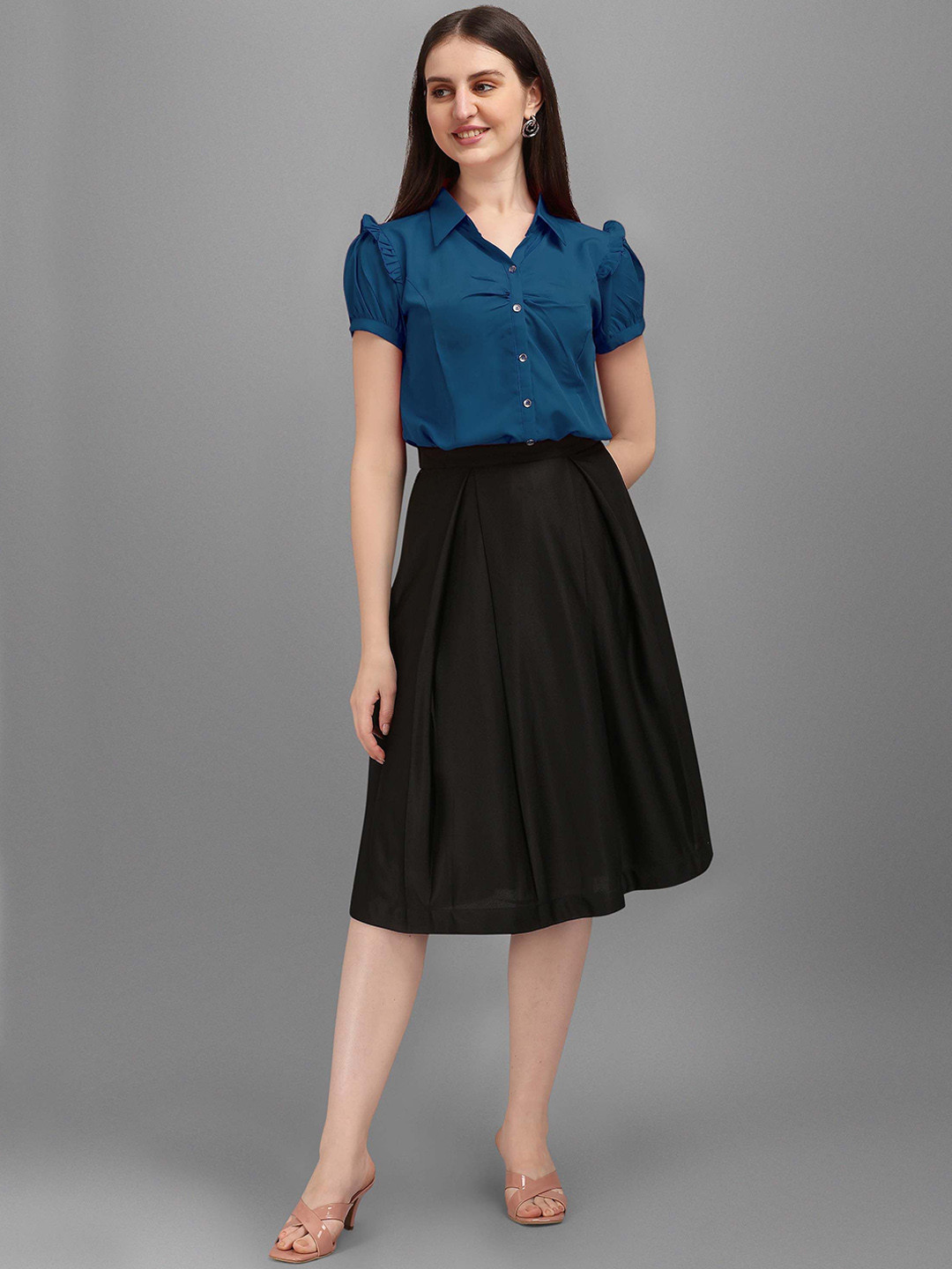 Kinjo Ruffle Puff Sleeves Casual Shirt With Pleated Skirt