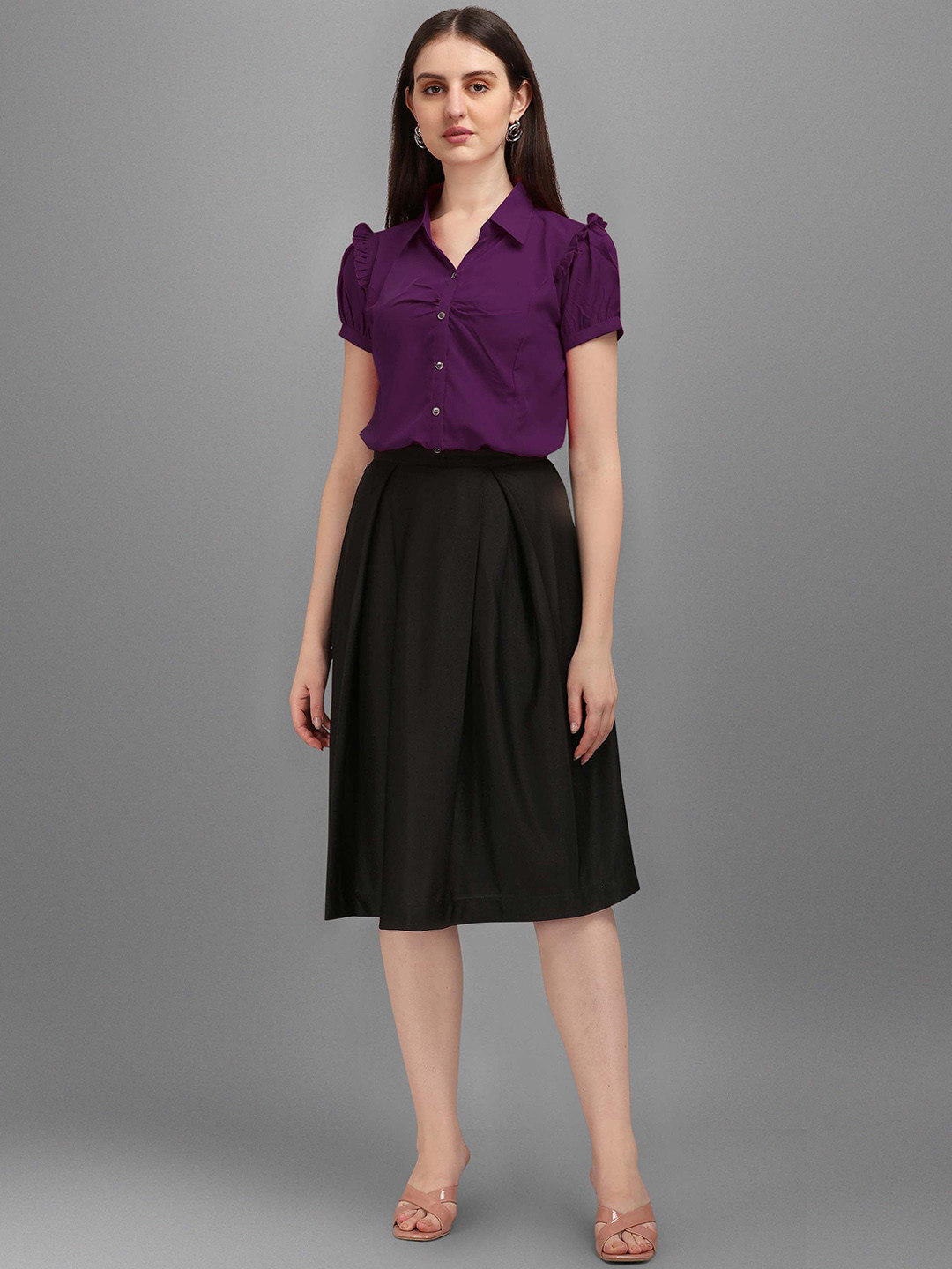 Kinjo Ruffle Puff Sleeves Casual Shirt With Pleated Skirt