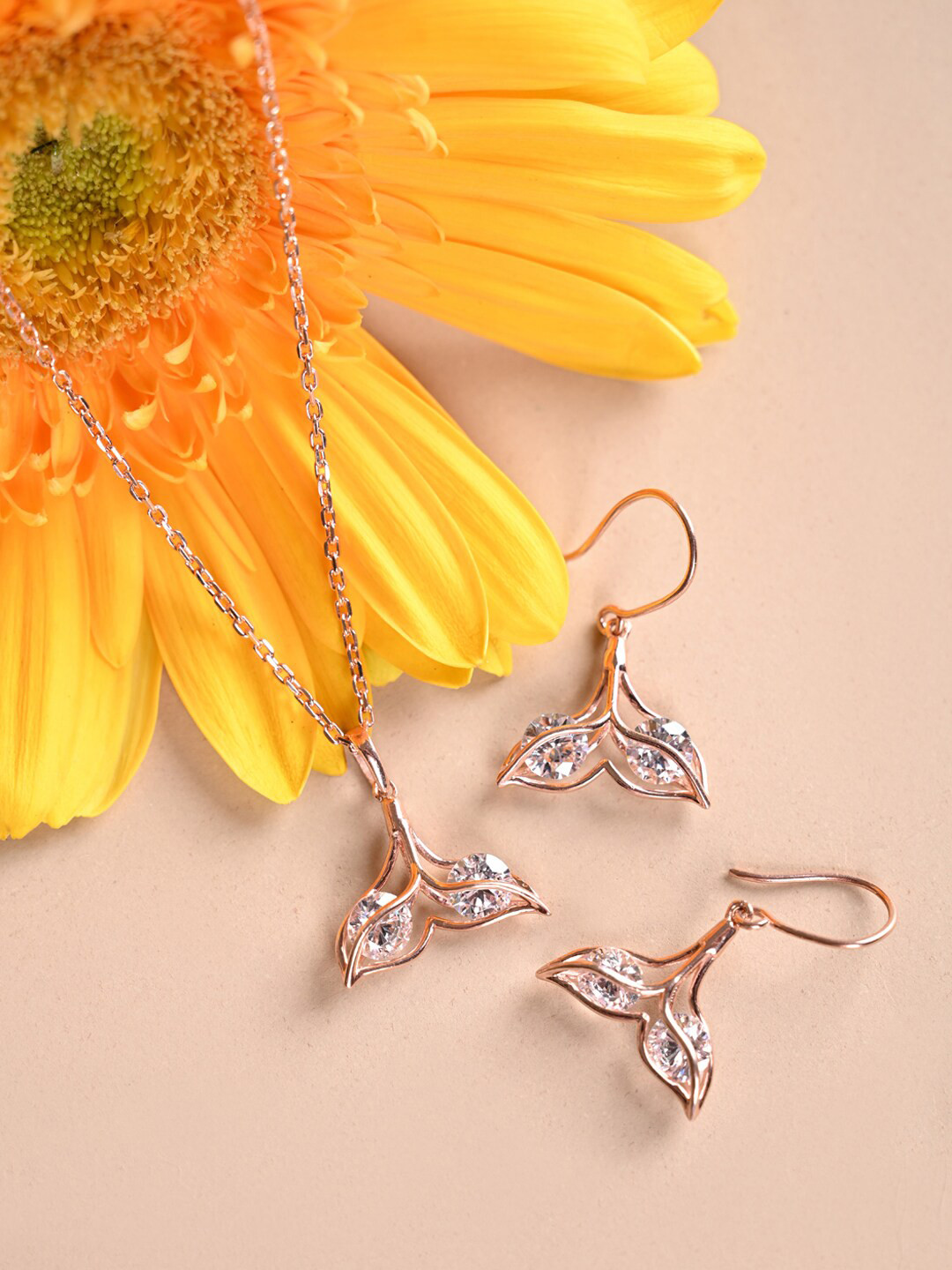 Clara 925 Sterling Silver Rose Gold-Plated Cubic Zerconia Stone Studded Jewellery Set