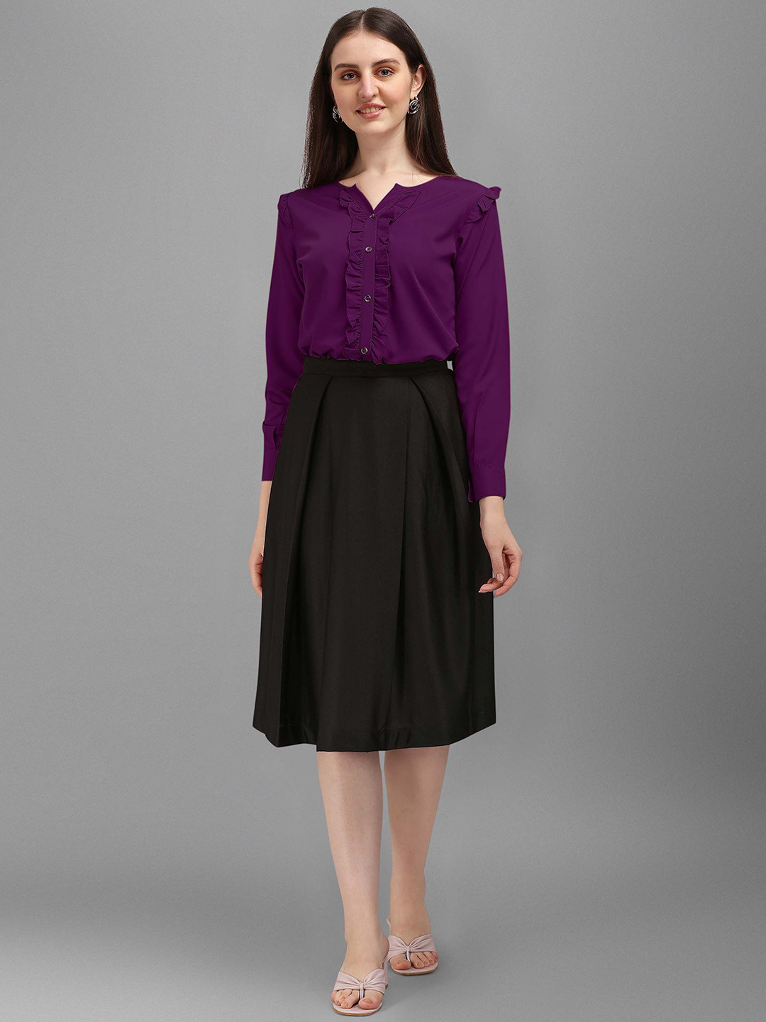 Kinjo Notch Neck Cuffed Sleeves Ruffle Detailed Top With Skirt