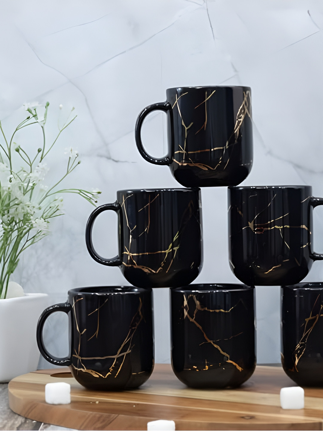 Femora Elephant Parade Black Abstract Ceramic Microwave Safe 6 Piece Mugs-180ml