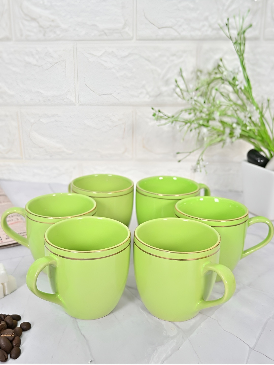 Femora Green 6 Pieces Ceramic Glossy Mugs 180 ml