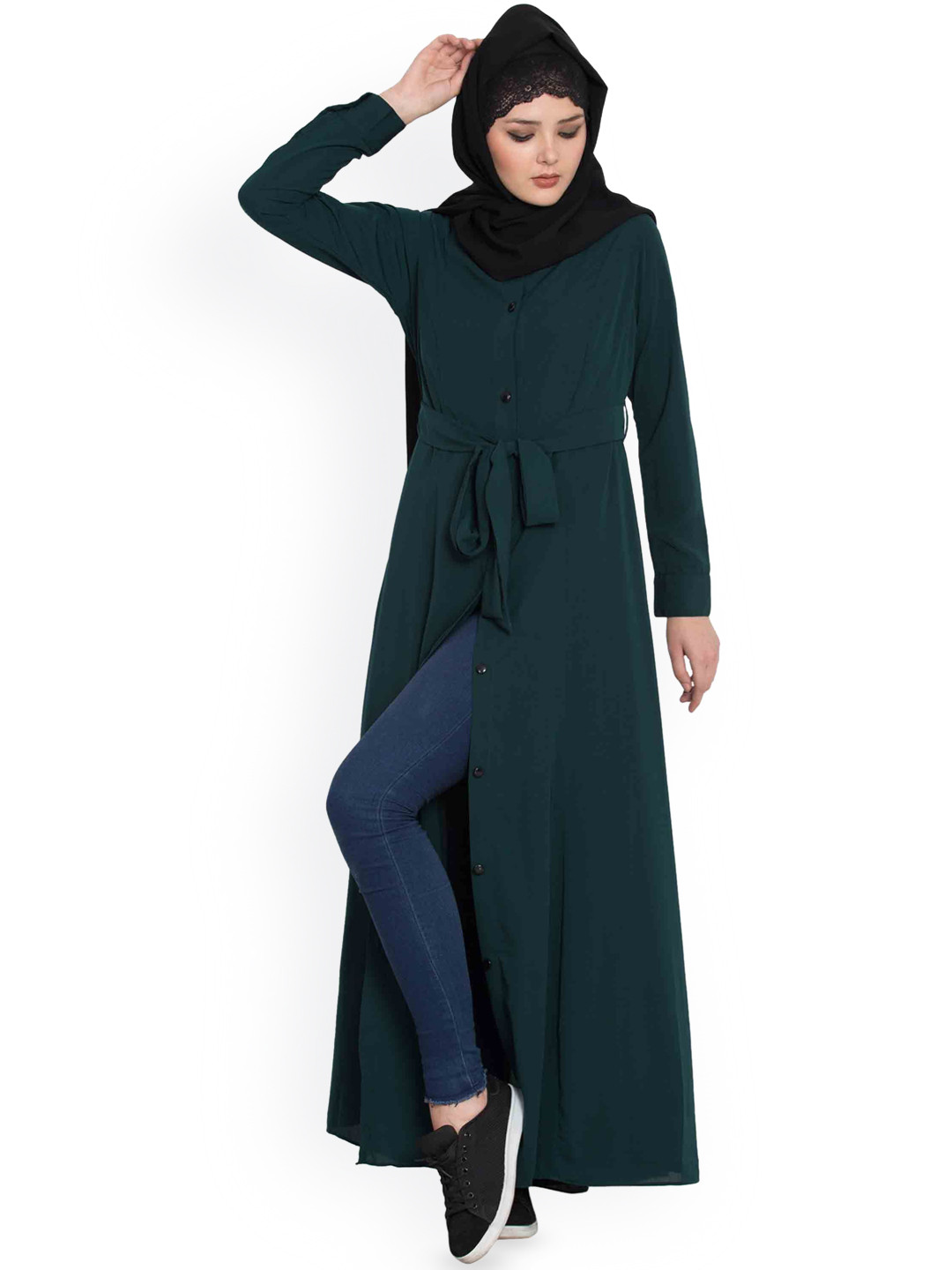 MUSHKIYA Front Open Abaya Belt Burqa With Scarf
