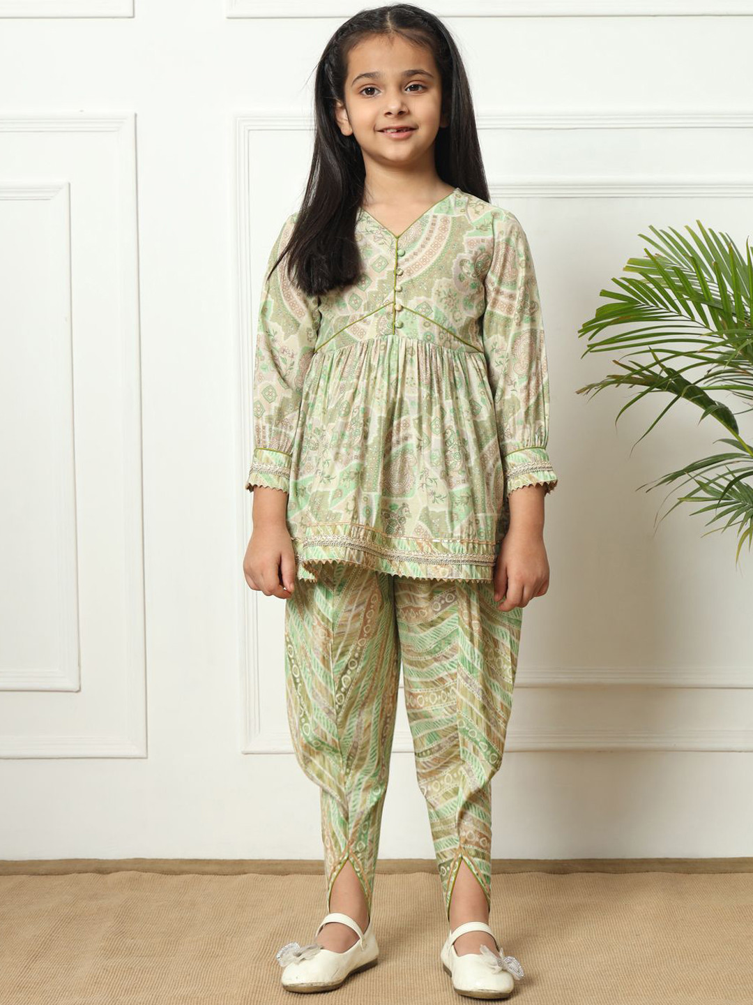 Readiprint Girls Floral Printed Pleated Gotta Patti Pure Silk Kurti & Dhoti Pants