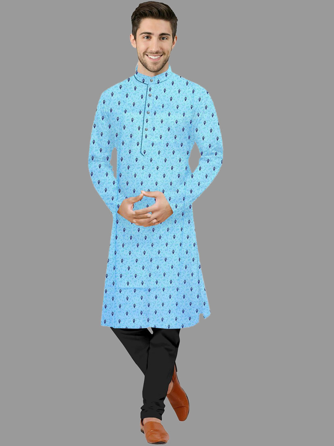 IMAGO Ethnic Motifs Printed Band Collar Cotton Straight Kurta