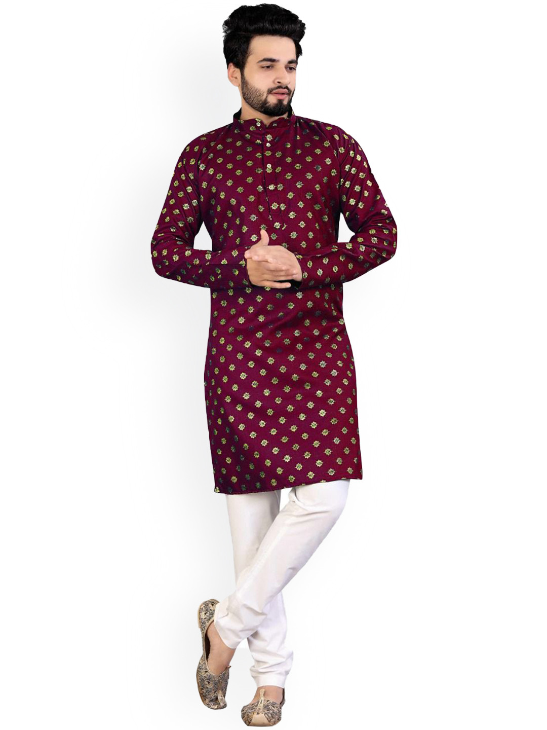 IMAGO Ethnic Motifs Woven Design Mandarin Collar Pure Cotton Straight Kurta