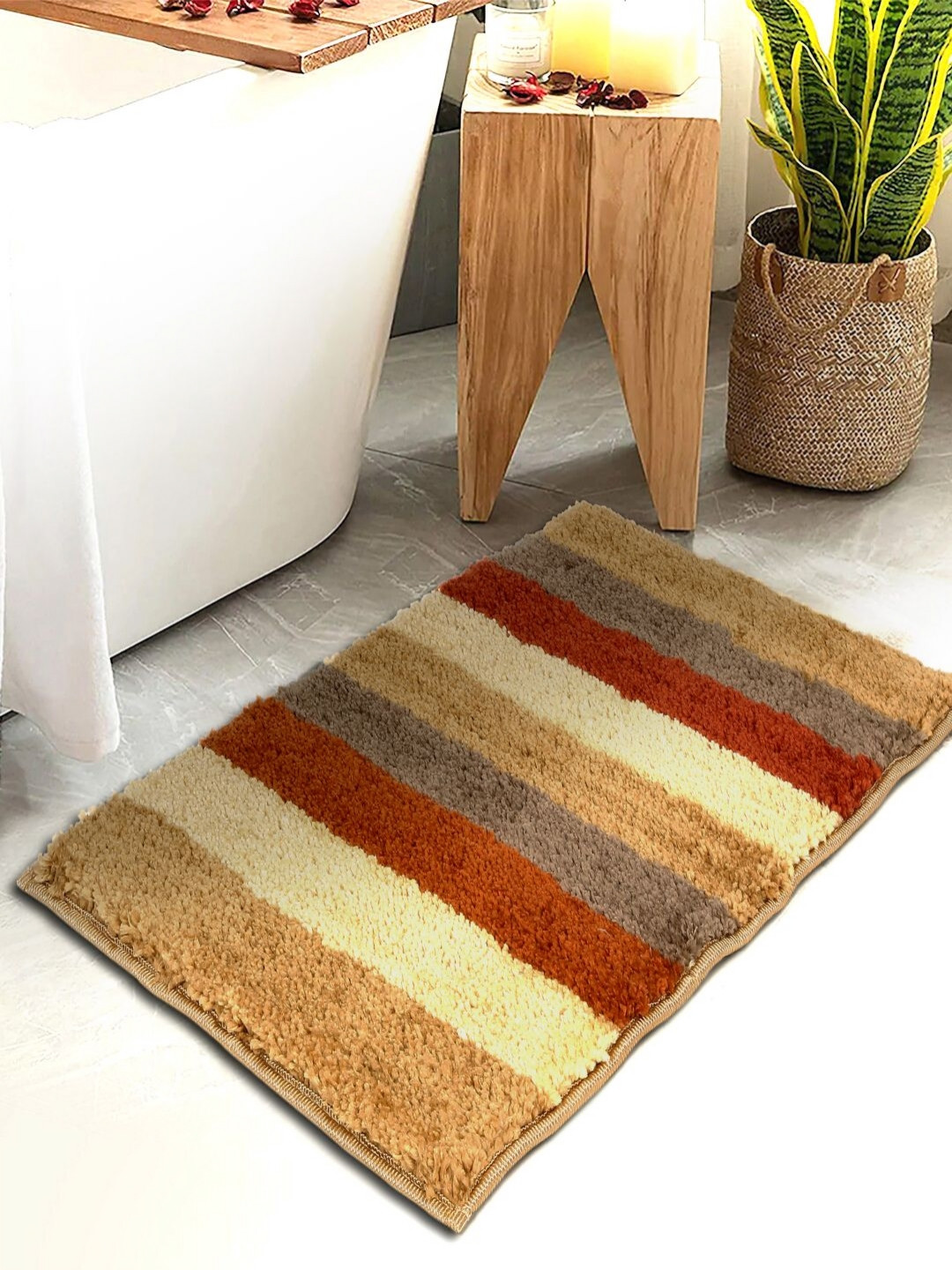 HOSTA HOMES Red & Brown Striped Water Absorbant Anti-Skid Cotton Fur Bath Rug