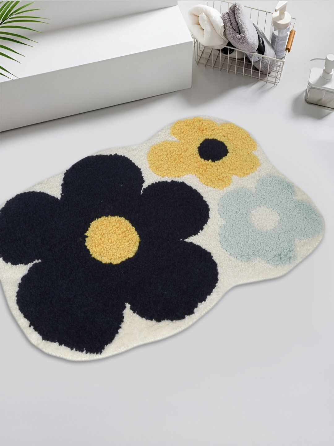 HOSTA HOMES Black & White Floral Printed Water Absorbant Anti-Skid Cotton Fur Bath Rug