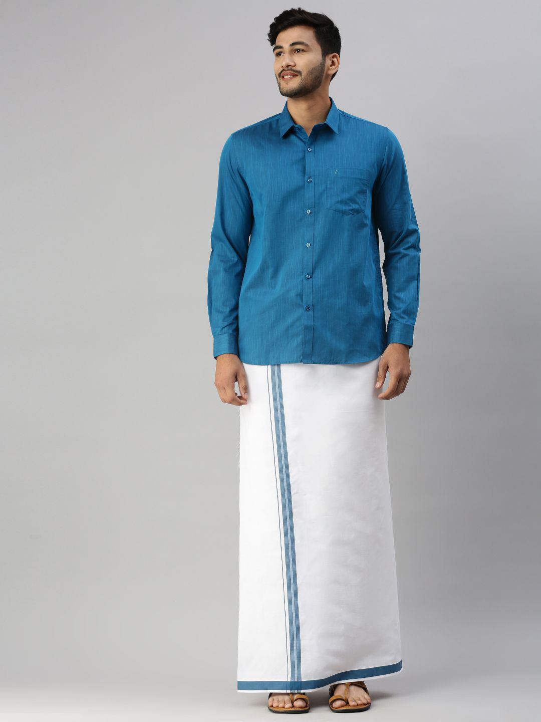 Ramraj Long Sleeves Shirt With Border Detailed Veshti