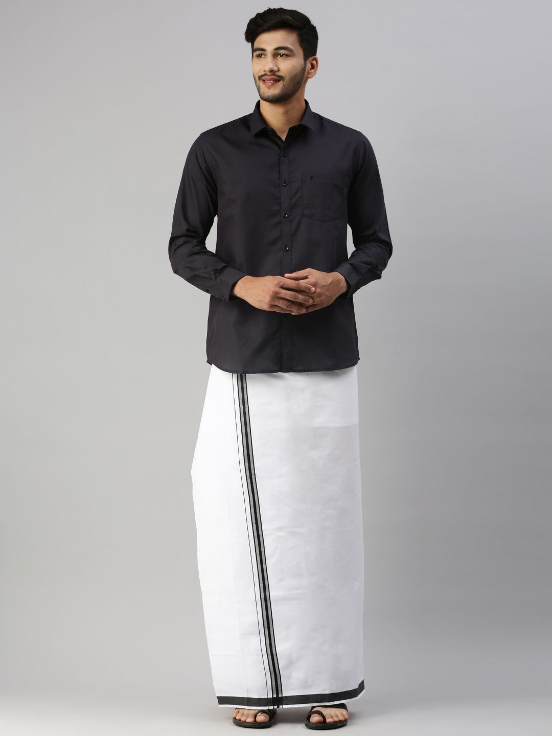 Ramraj Long Sleeves Shirt With Border Detailed Veshti