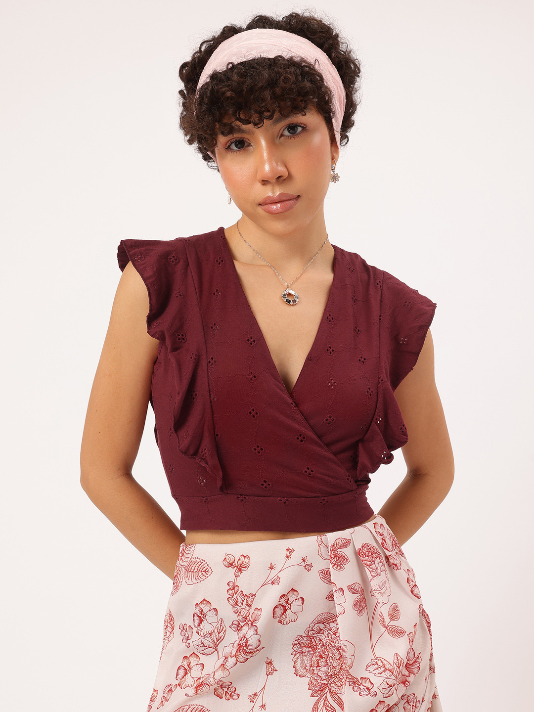 DressBerry Schiffli Ruffled Cut-Out Tie-Up Back Wrap Crop Top