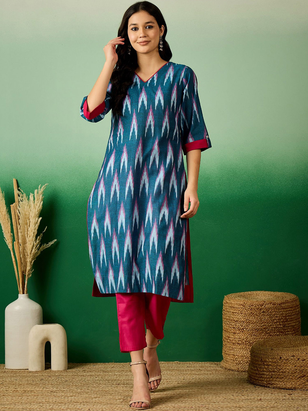 Sangria Navy Blue Ikkat Printed Roll-Up Sleeves V-Neck Pure Cotton Straight Kurtas