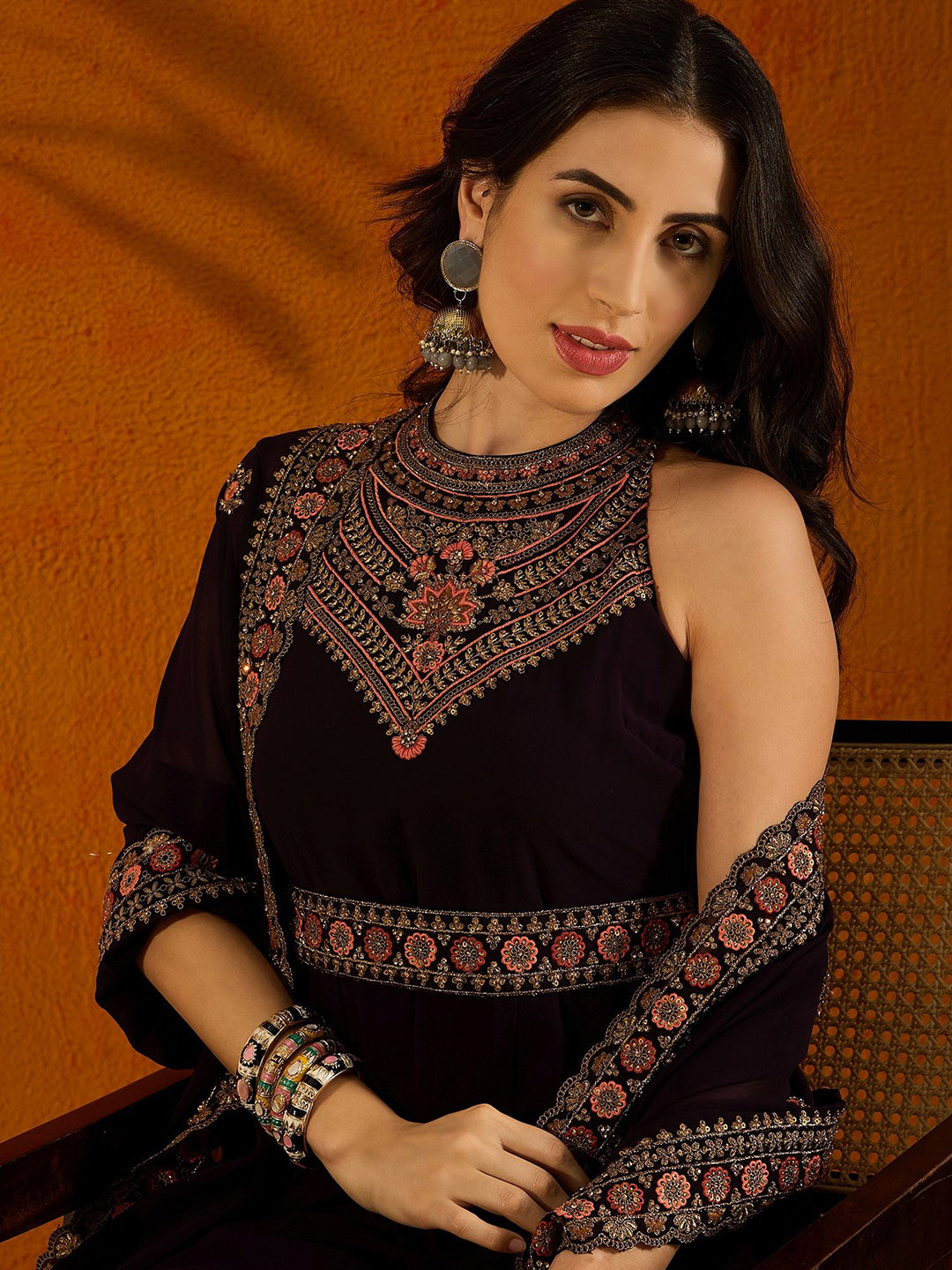 Anouk Violet Embroidered Anarkali Beads And Stones Kurta with Trousers & Dupatta