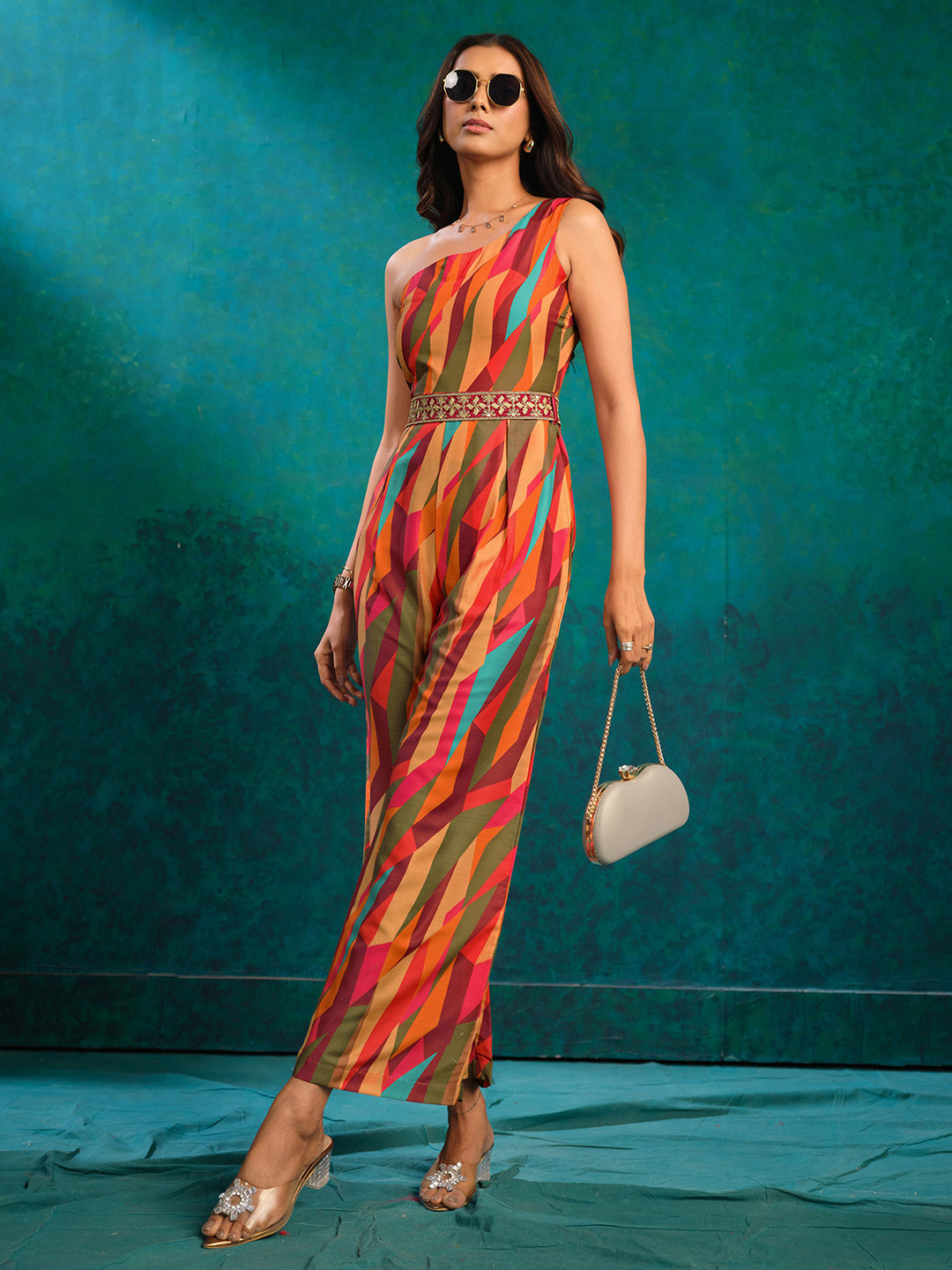 Sangria Orange Abstrct Printed One Shoulder Belted Cotton Basic Jumpsuit