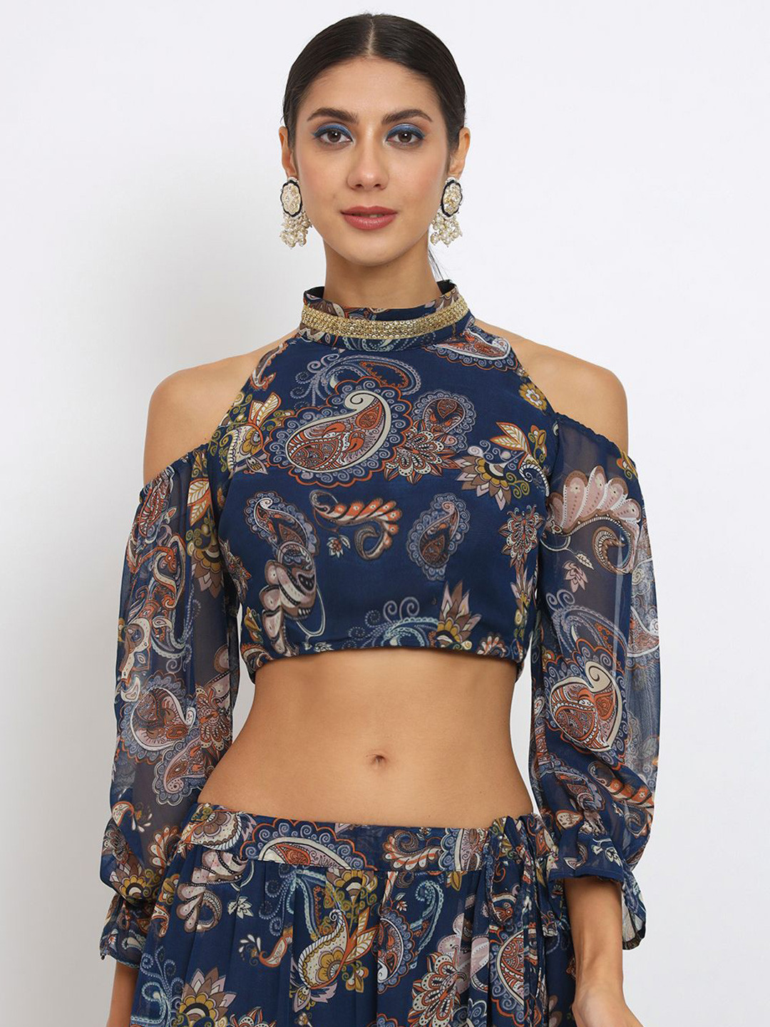 studio rasa Floral Print Cold-Shoulder Georgette Crop Top
