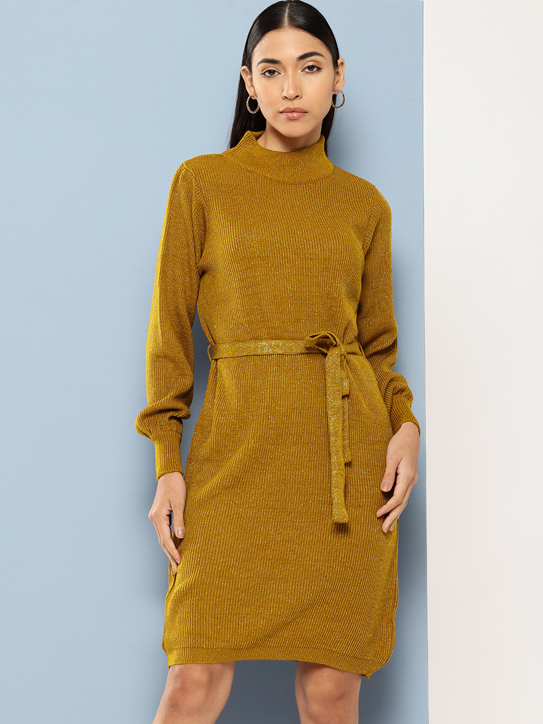 Chemistry Turtle Neck Shimmer Belted Sweater Dress
