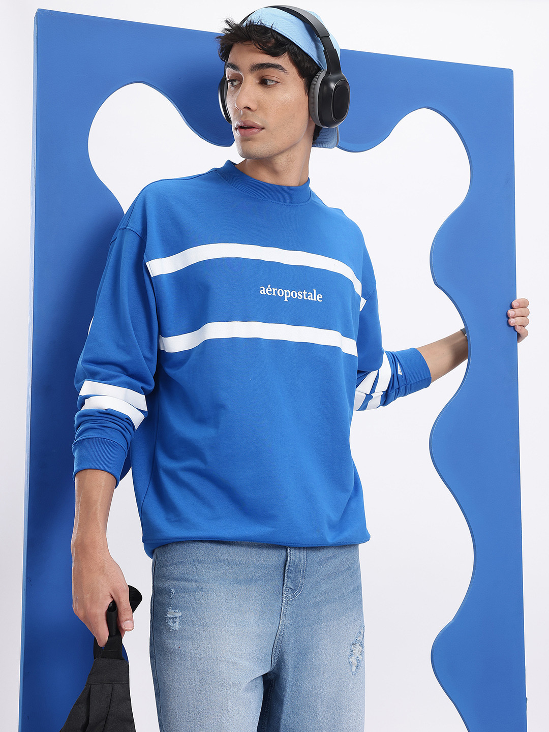 Aeropostale Striped Drop-Shoulder Sleeve Sweatshirt