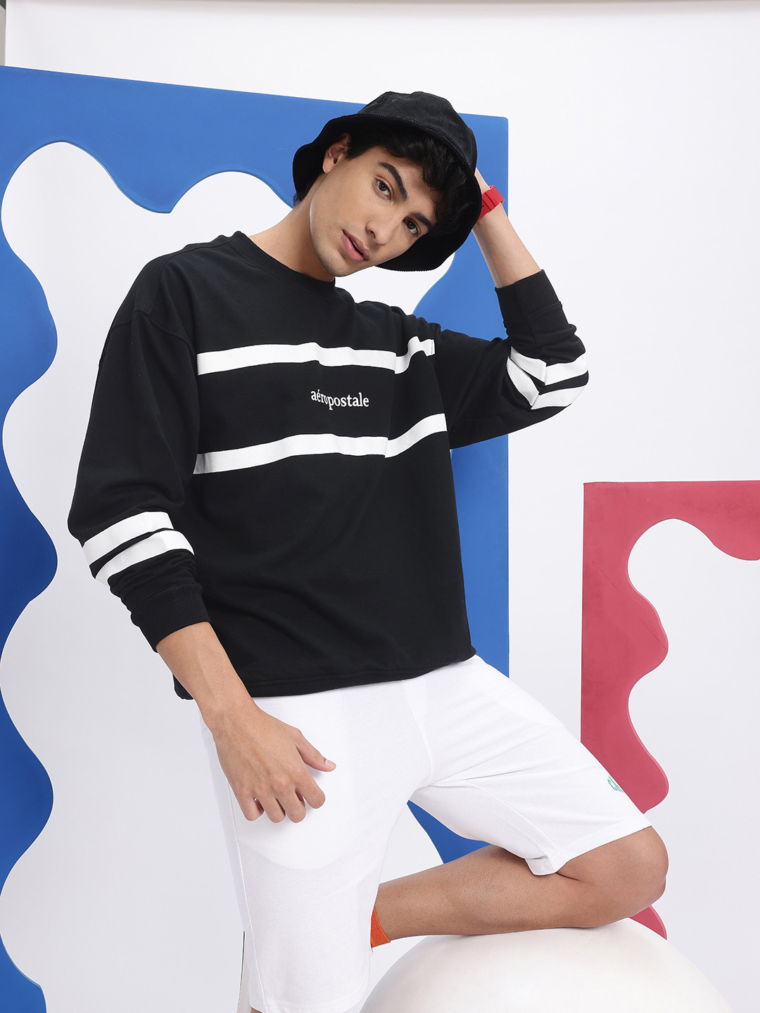 Aeropostale Striped Drop-Shoulder Sleeve Sweatshirt