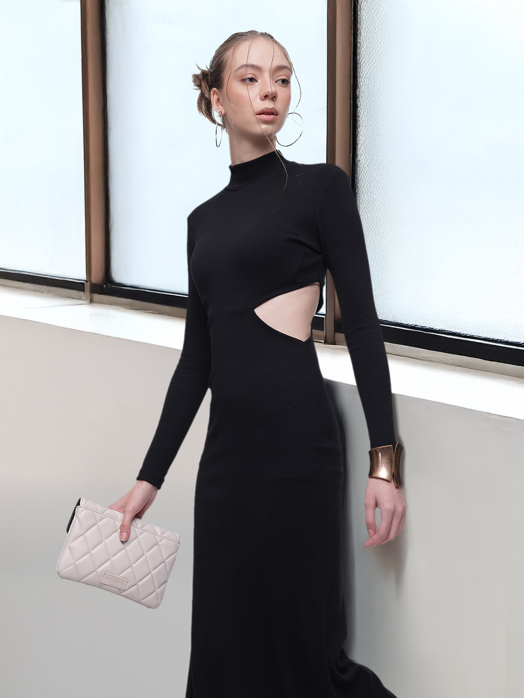 French Connection High Neck Ribbed Cut-Out Maxi Dress