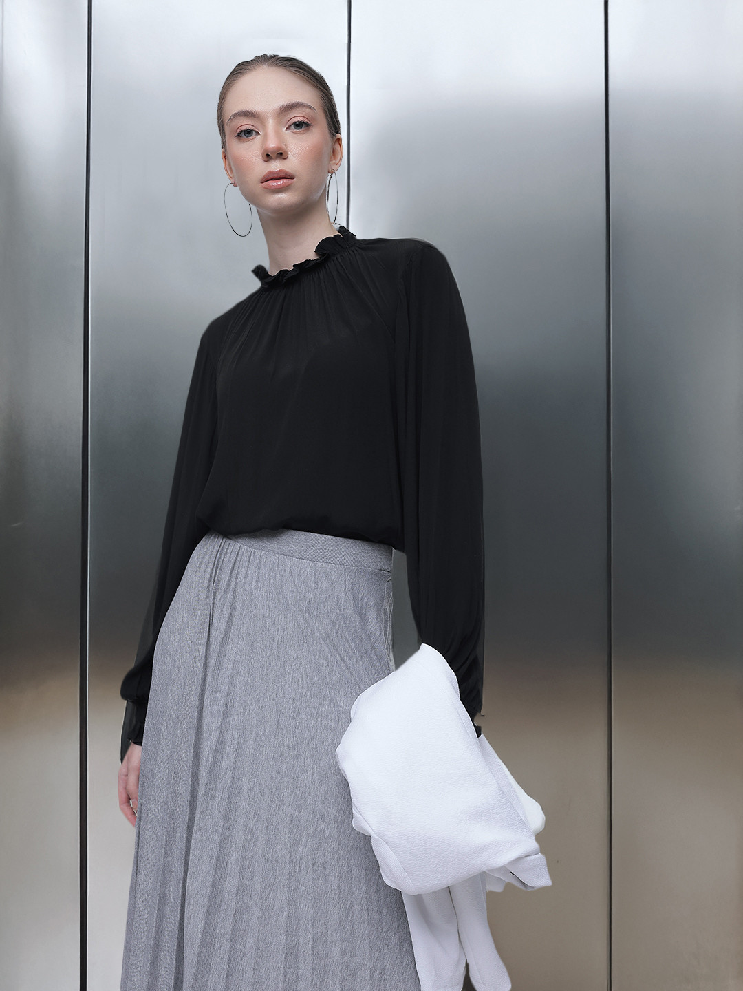 French Connection Long Puff Sleeves Ruffle Detail Top