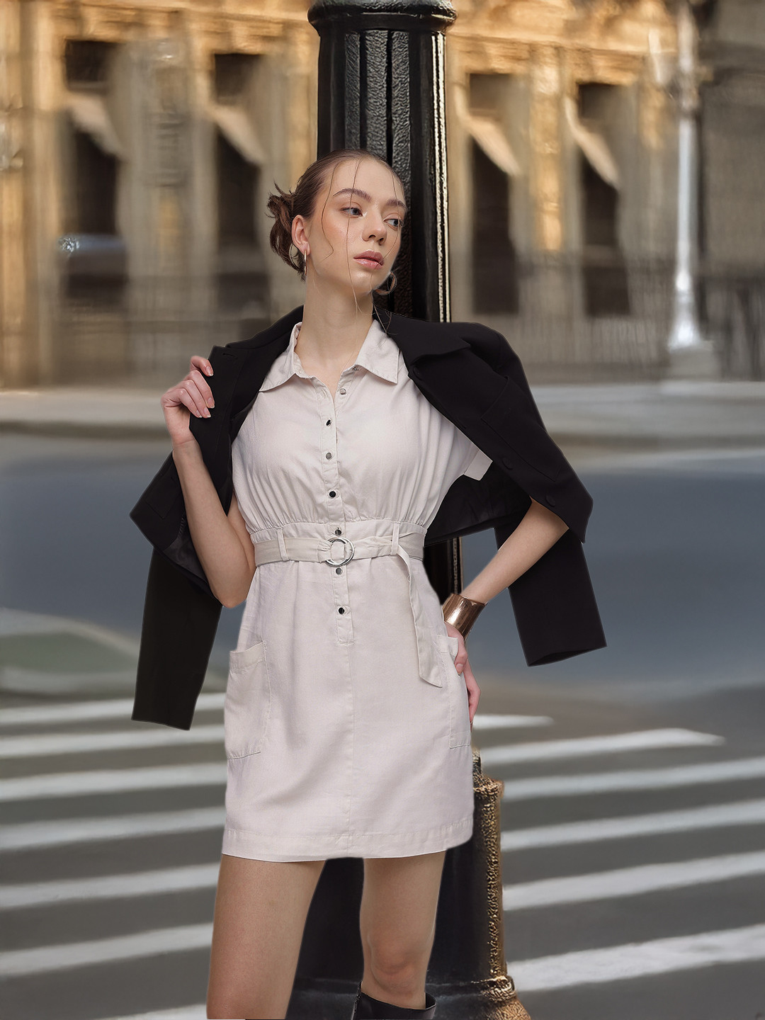 French Connection Extended Roll-Up Sleeves Belted Shirt Dress
