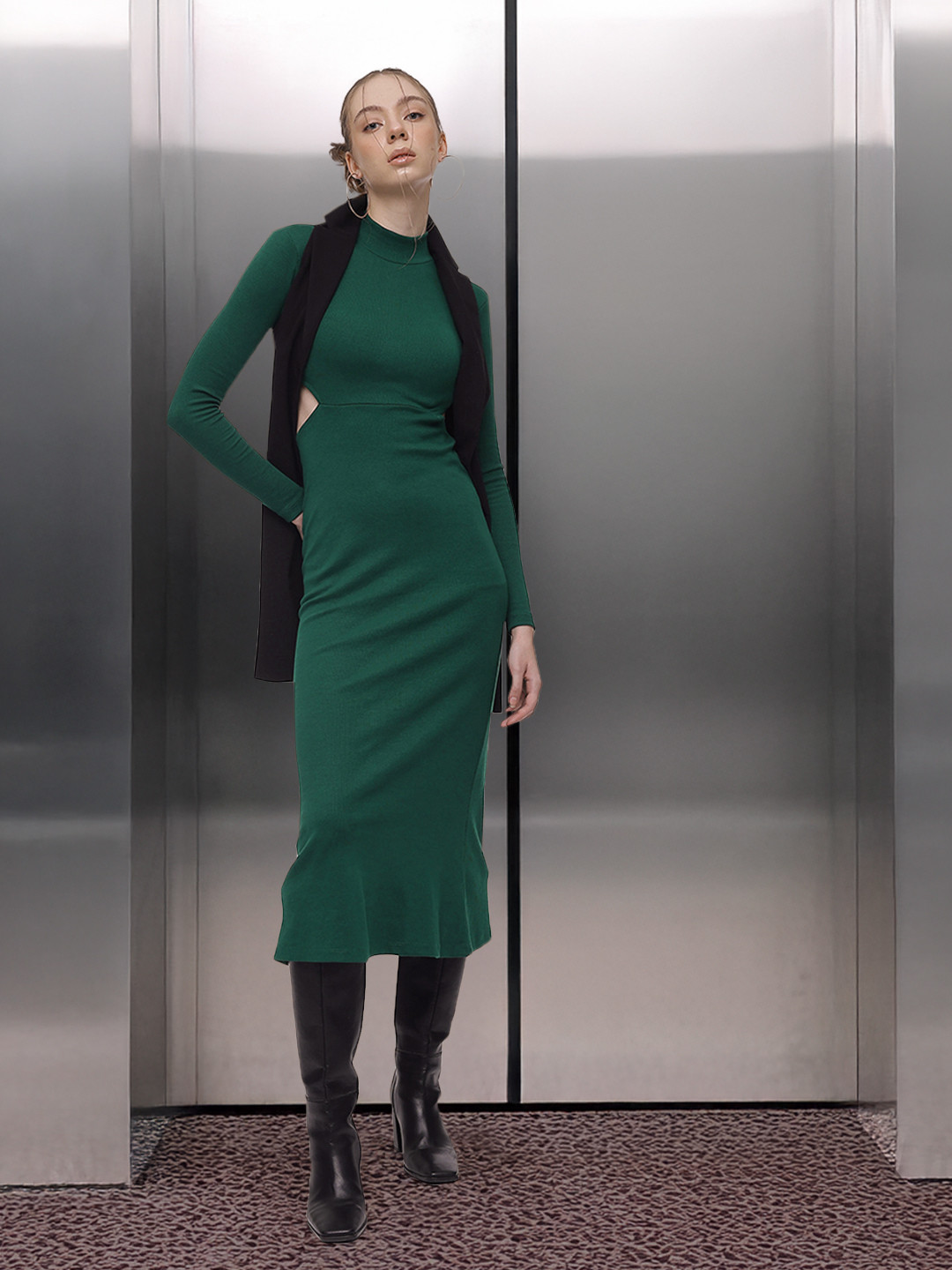 French Connection High Neck Ribbed Cut-Out Maxi Dress