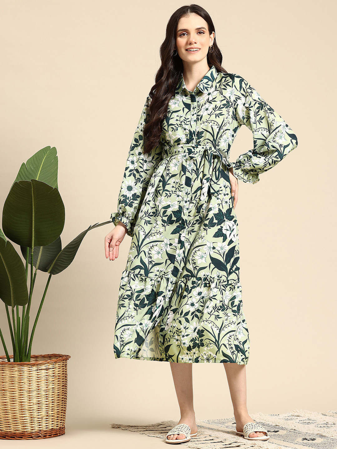 Mast & Harbour Floral Print Midi Shirt Dress